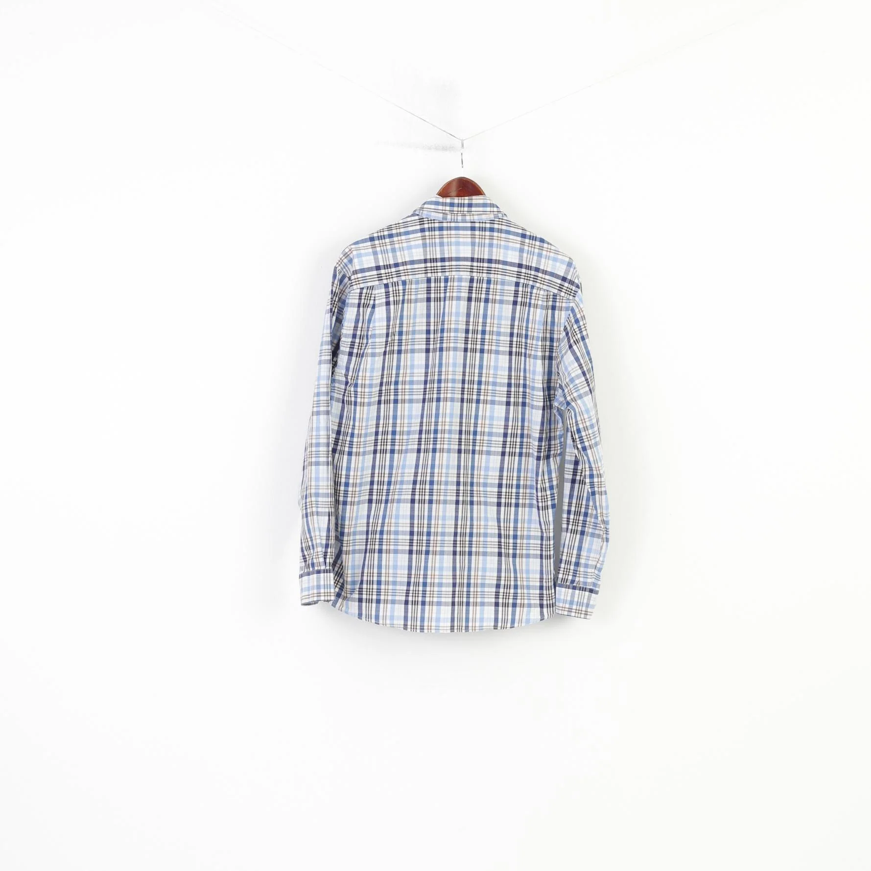 Paul R. Smith Men M Casual Shirt Blue Checked Cotton Long Sleeve Regular Fit Top - Image 7