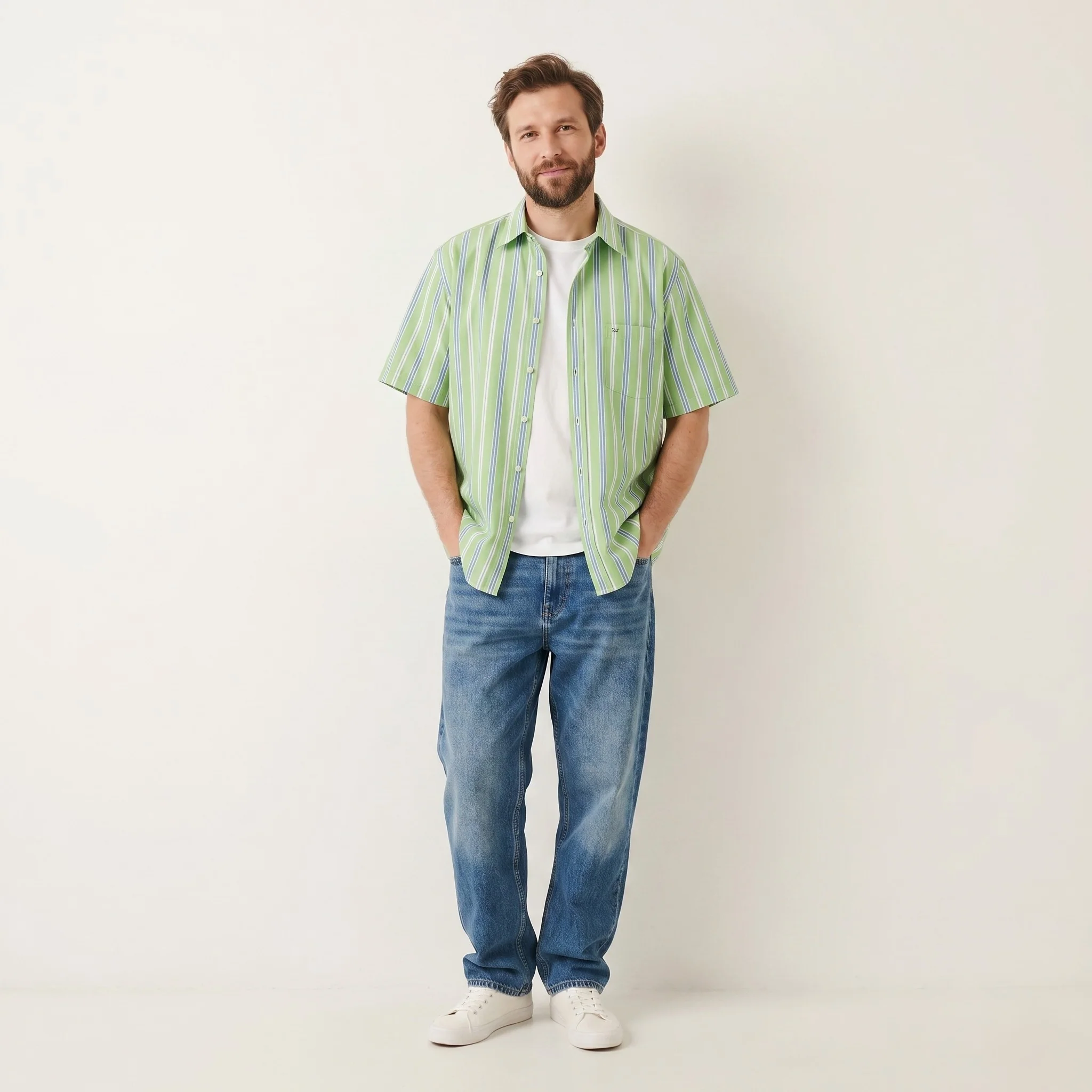 Paul & Shark Men 42 XL Casual Shirt Green Cotton Striped Pocket Short Sleeve Top