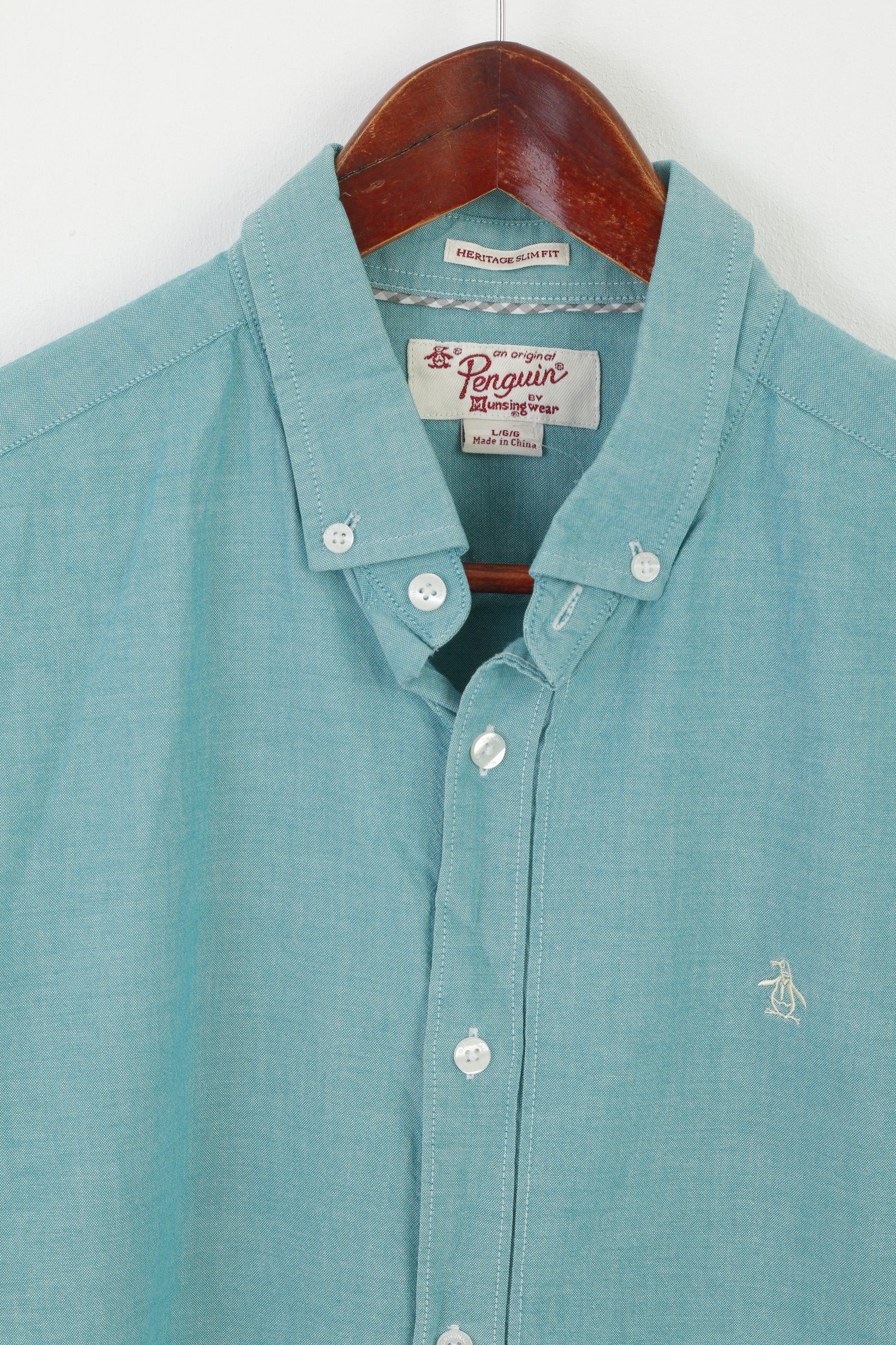 Penguin Men L Casual Shirt Turquoise Cotton Slim Fit Button Down Collar  Long Sleeve Top - Image 2