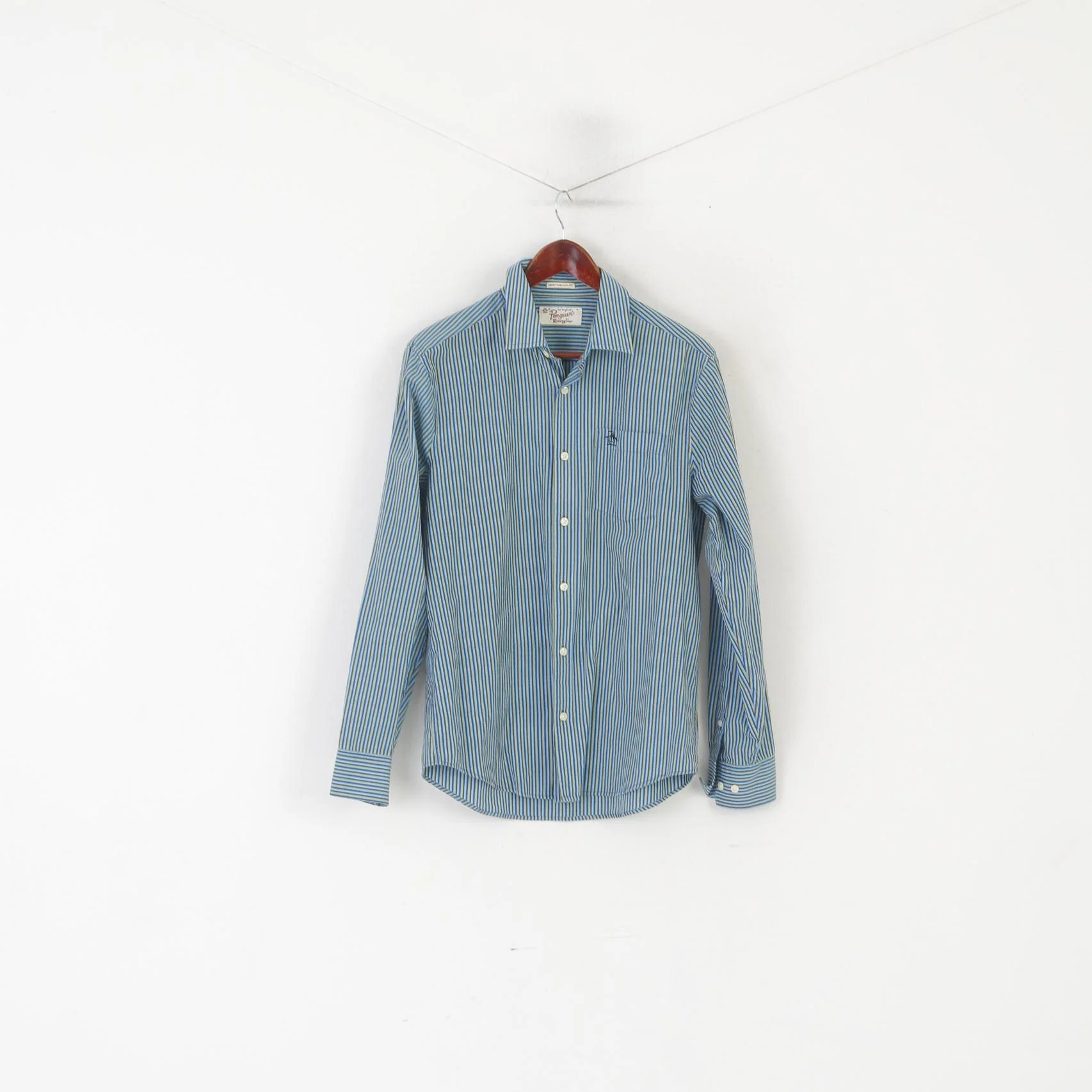 Penguin Men M Casual Shirt Blue Cotton Striped Heritage Slim Fit Long Sleeve Top - Image 2