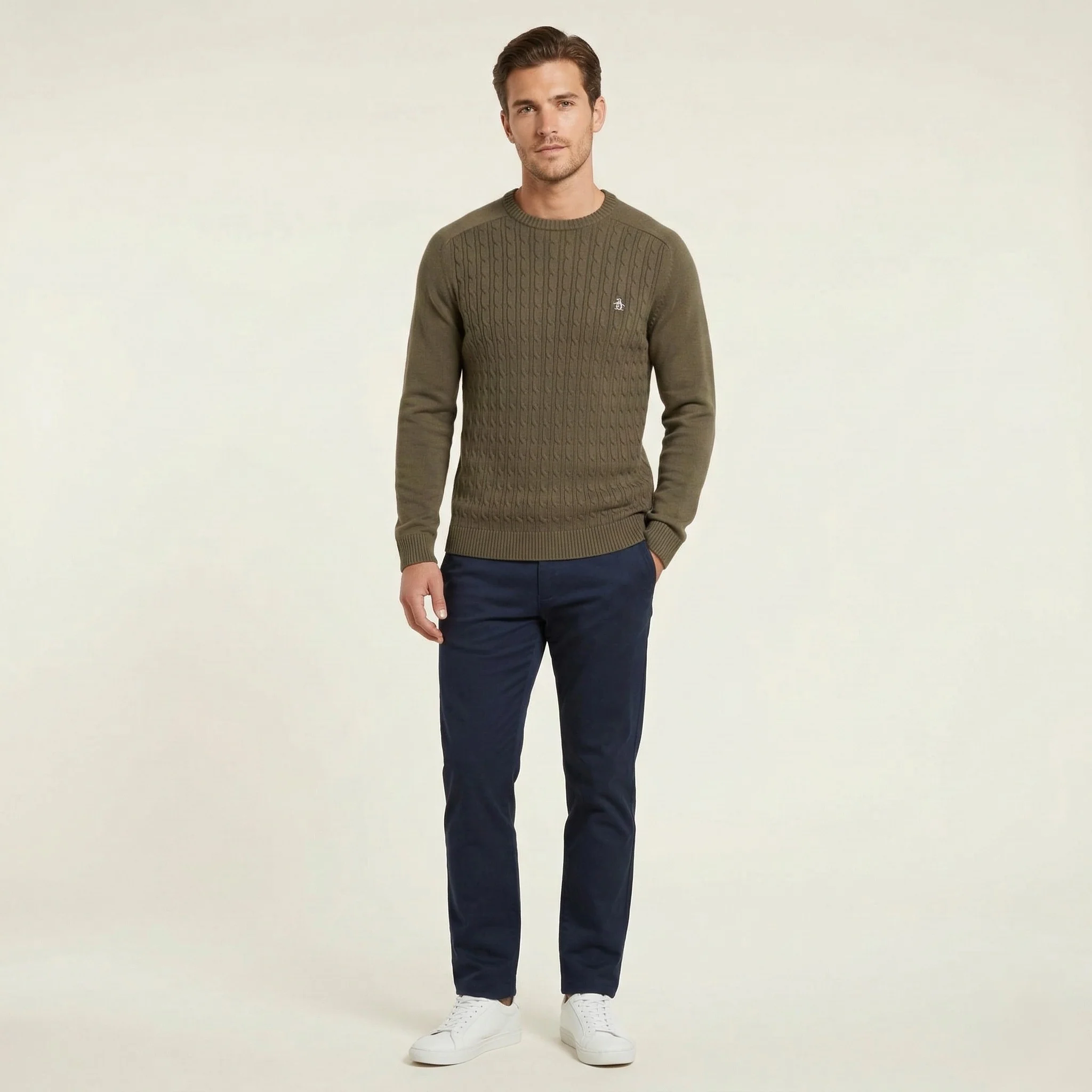 Penguin Men S Jumper Khaki Cotton Knitted Crew Neck Classic Stretch Sweater