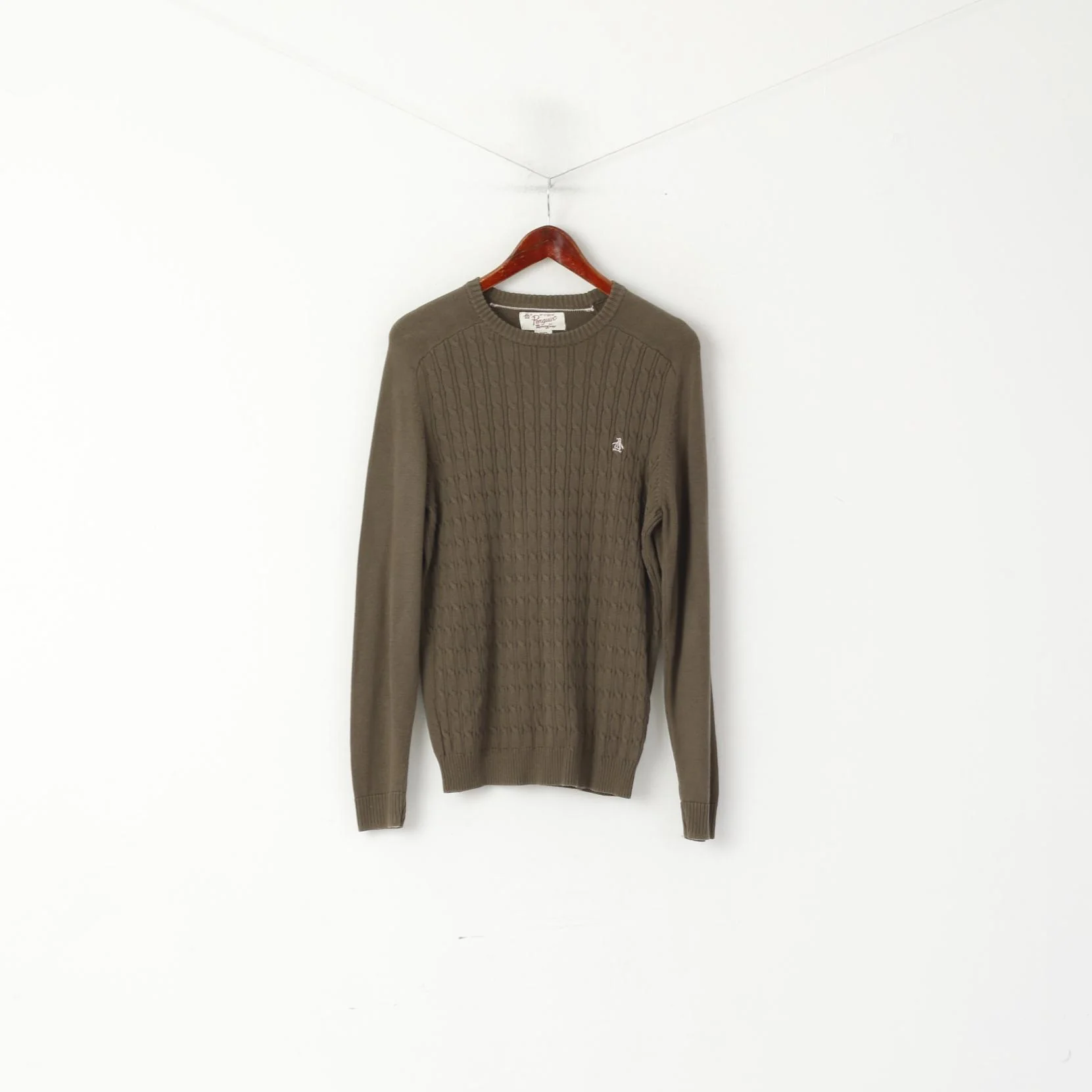 Penguin Men S Jumper Khaki Cotton Knitted Crew Neck Classic Stretch Sweater - Image 2