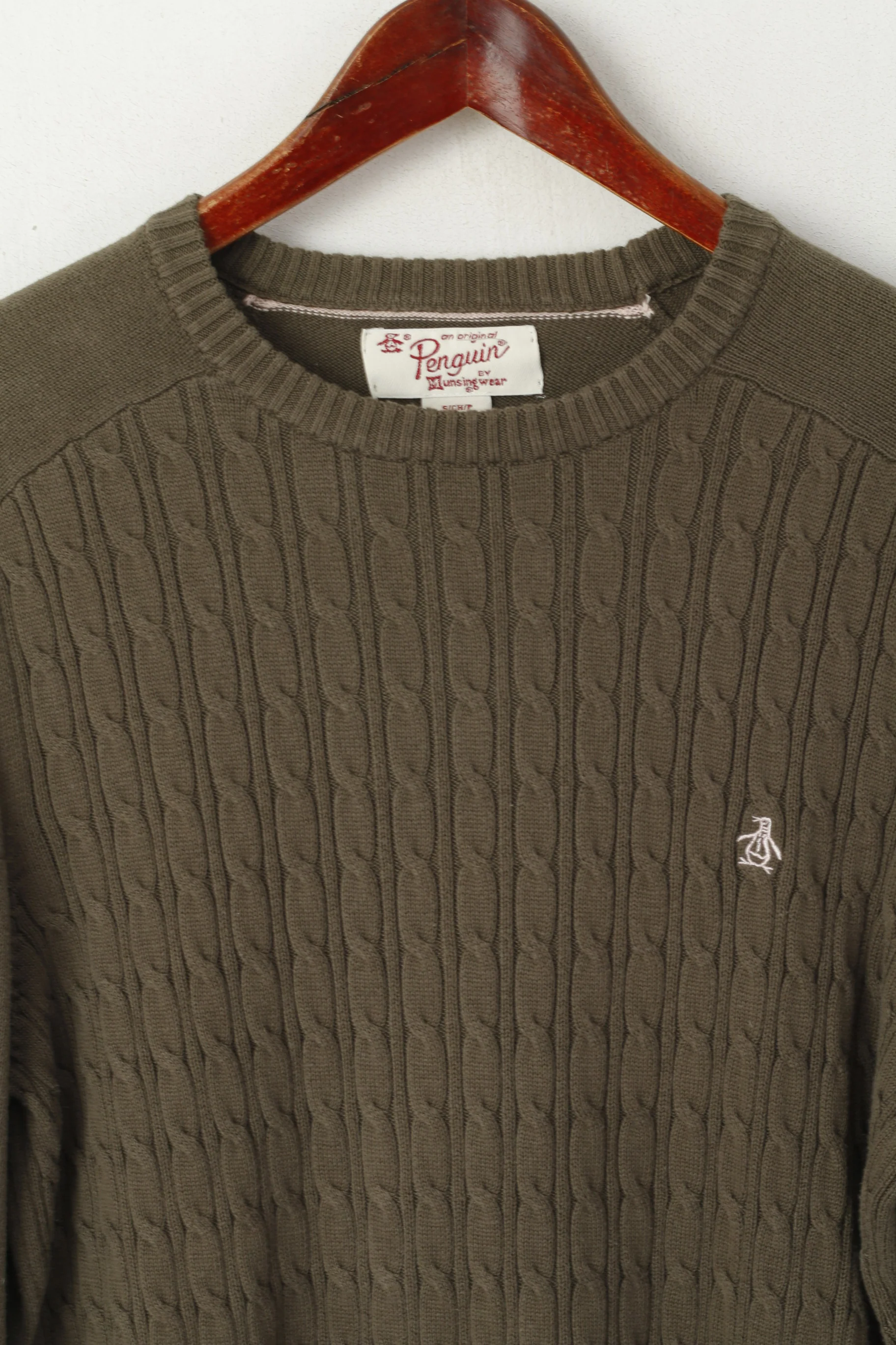 Penguin Men S Jumper Khaki Cotton Knitted Crew Neck Classic Stretch Sweater - Image 3