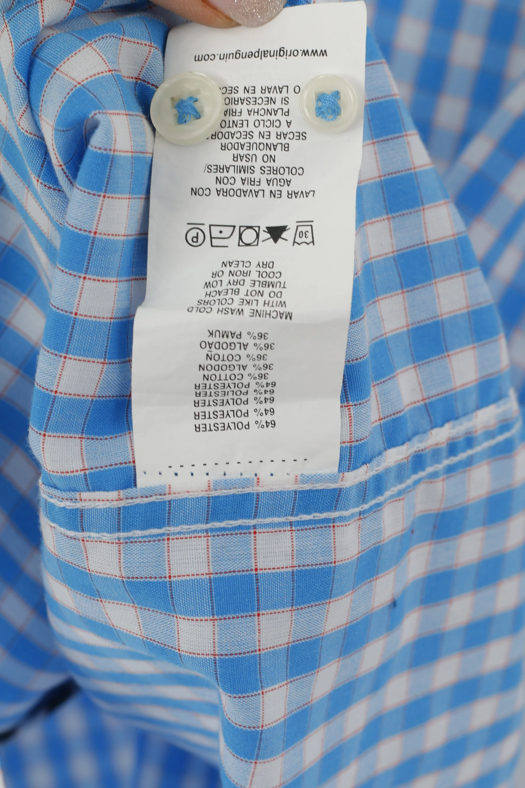 Penguin Men XL (L) Casual Shirt Blue Check Cotton Slim Fit Long Sleeve Top - Image 6