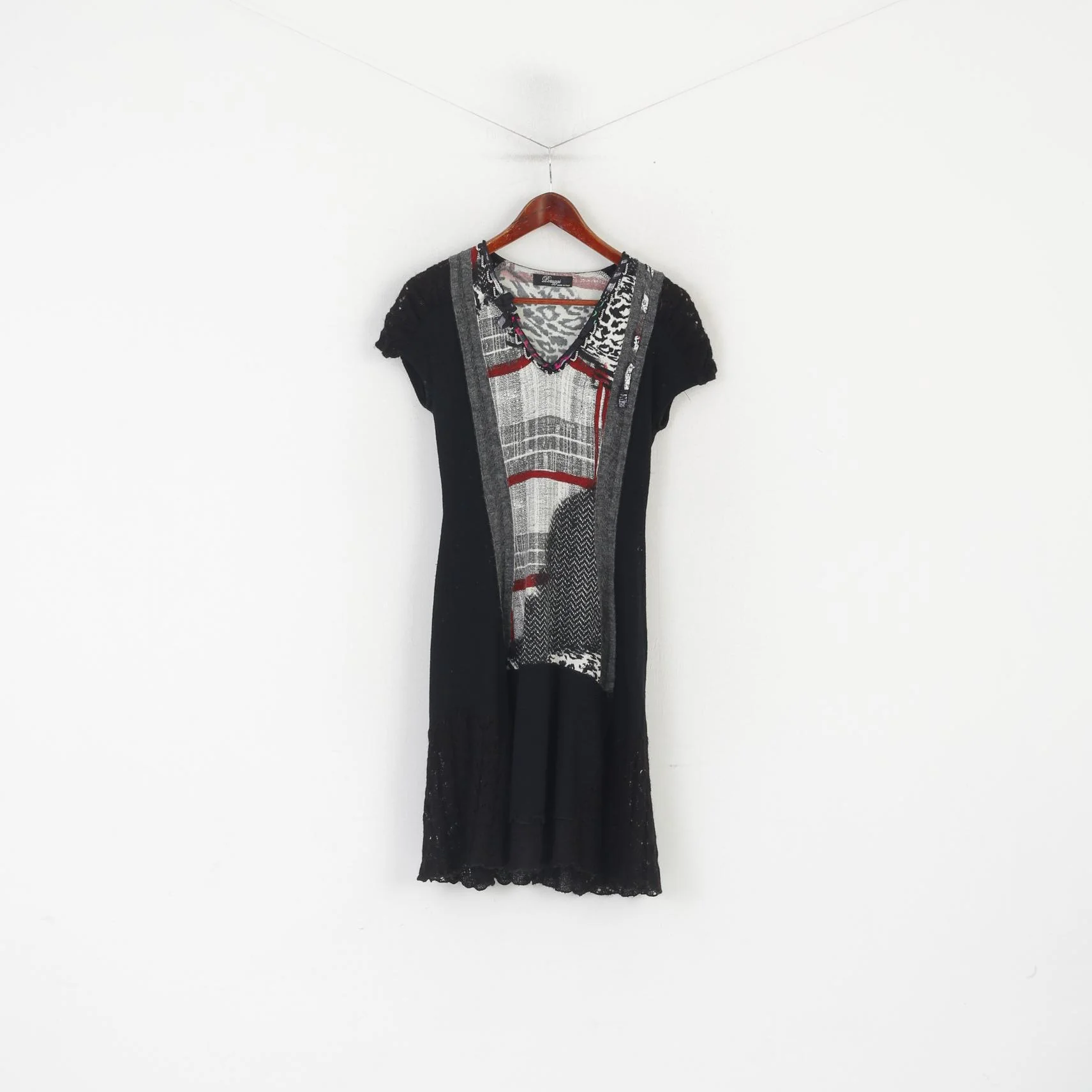 Peruggi Women S Dress Black Wool Vintage V Neck Translucent Stretch Made in Italy - Image 2