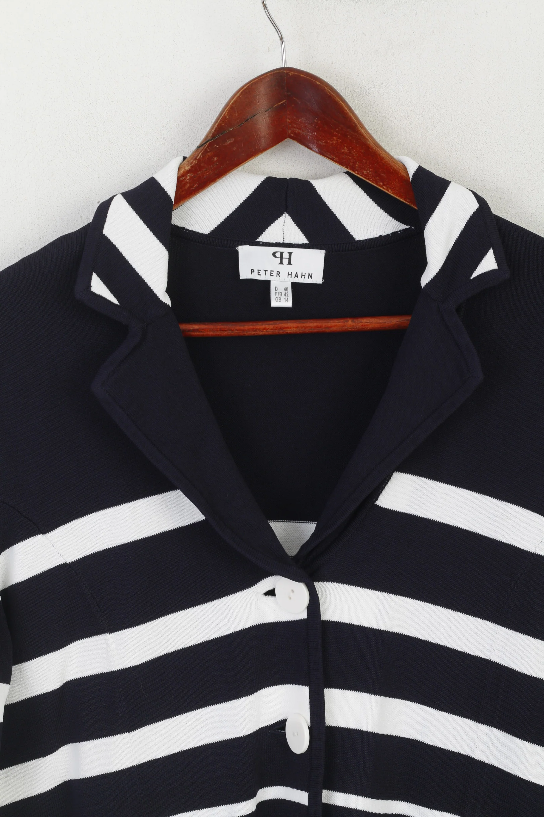 Peter Hahn Women 14 40 Cardigan Navy White Striped Viscose Marine Sweater - Image 2