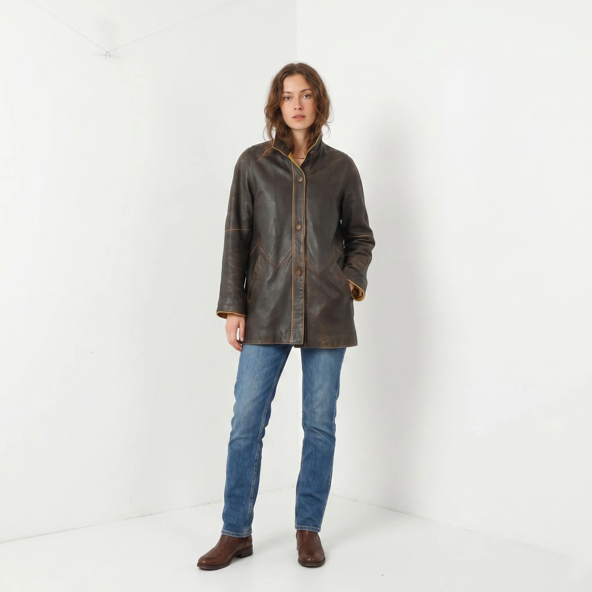 Pieles Mijas Women 38 S Jacket Brown Leather Soft Cow Skin Single Breasted Top