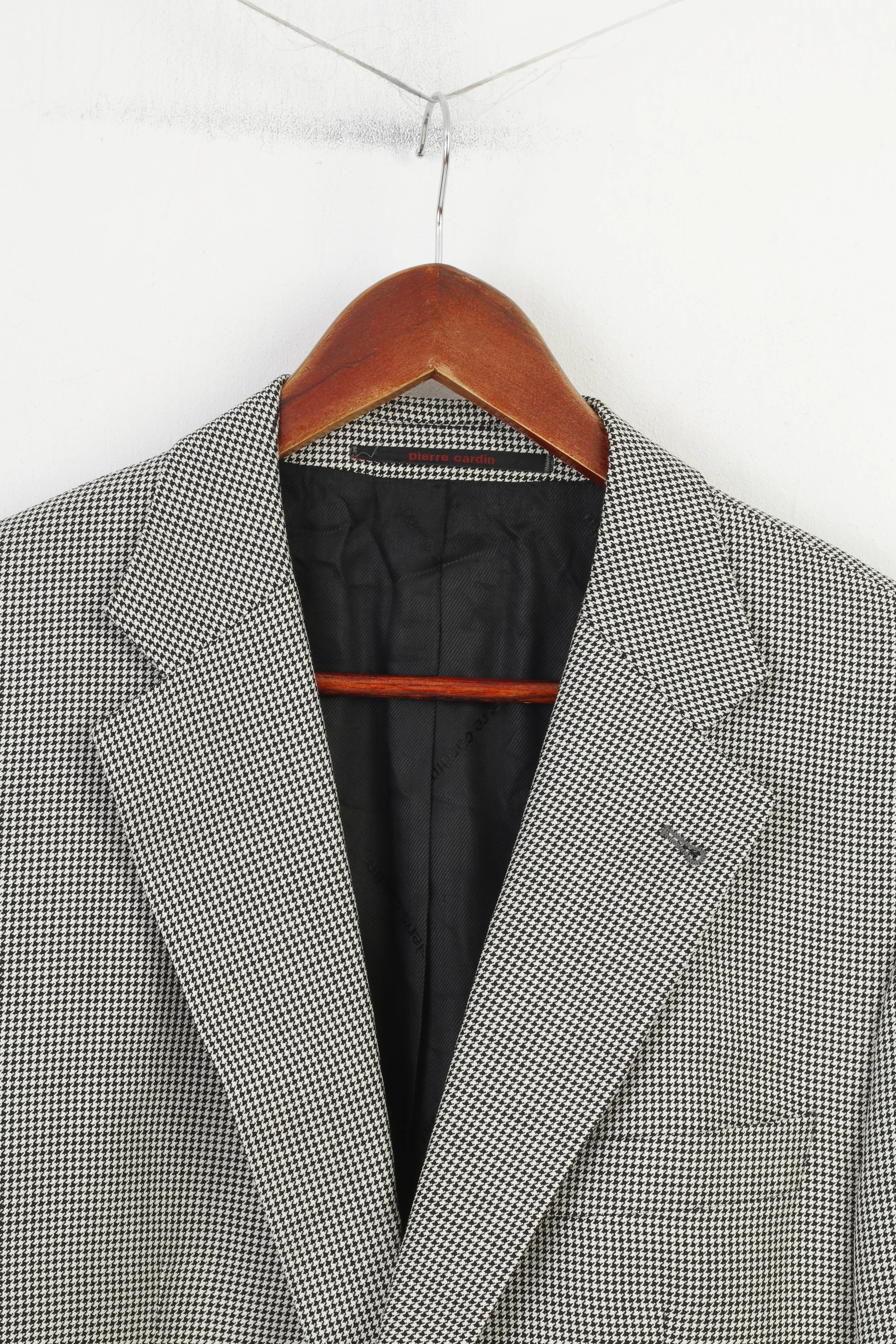Pierre Cardin Men 102 L Blazer Black White Pattern Checkered Silk Wool Blend Single Breasted Jacket - Image 2