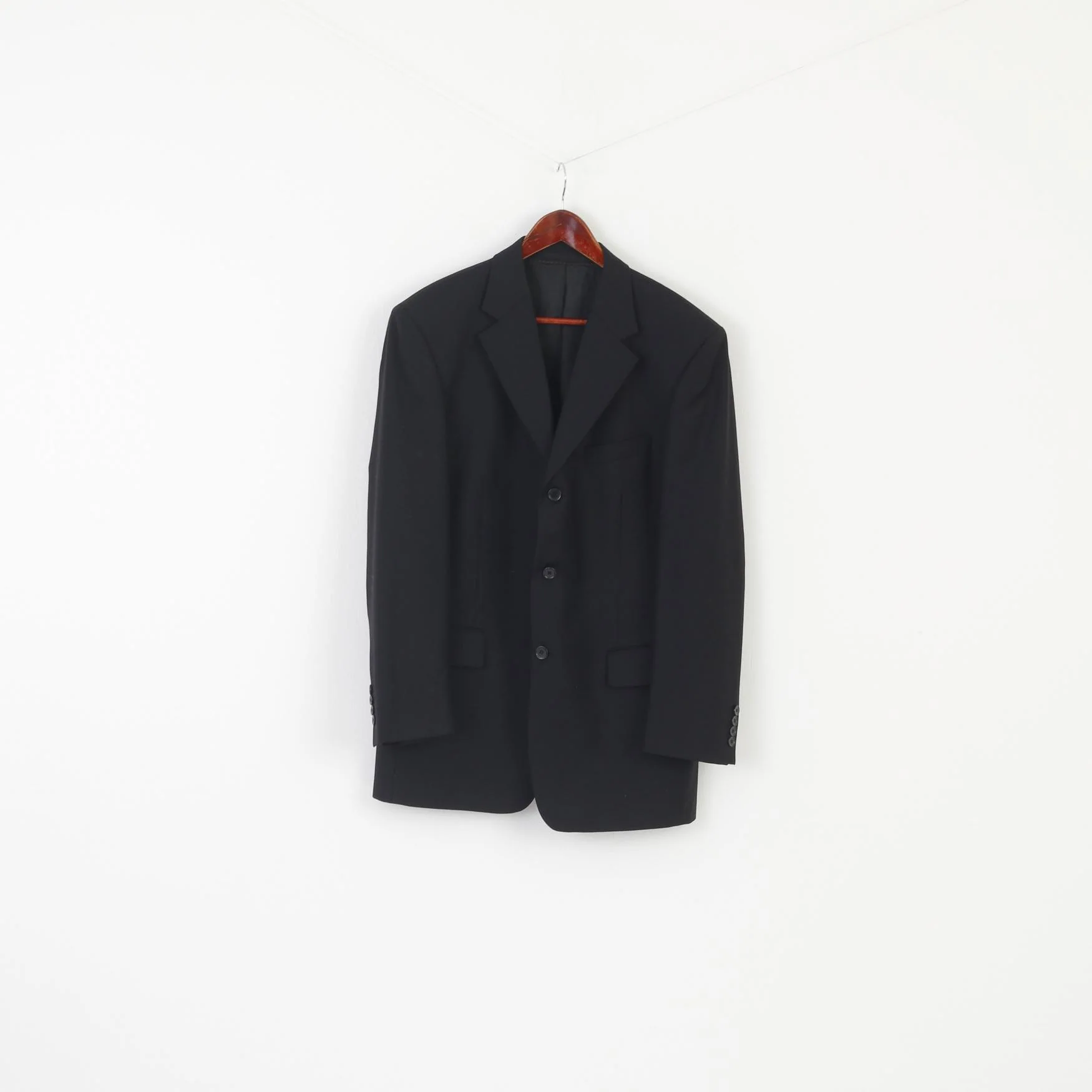 Pierre Cardin Men 40 Blazer Black Wool Shoulder Pads Single Breasted Jacket