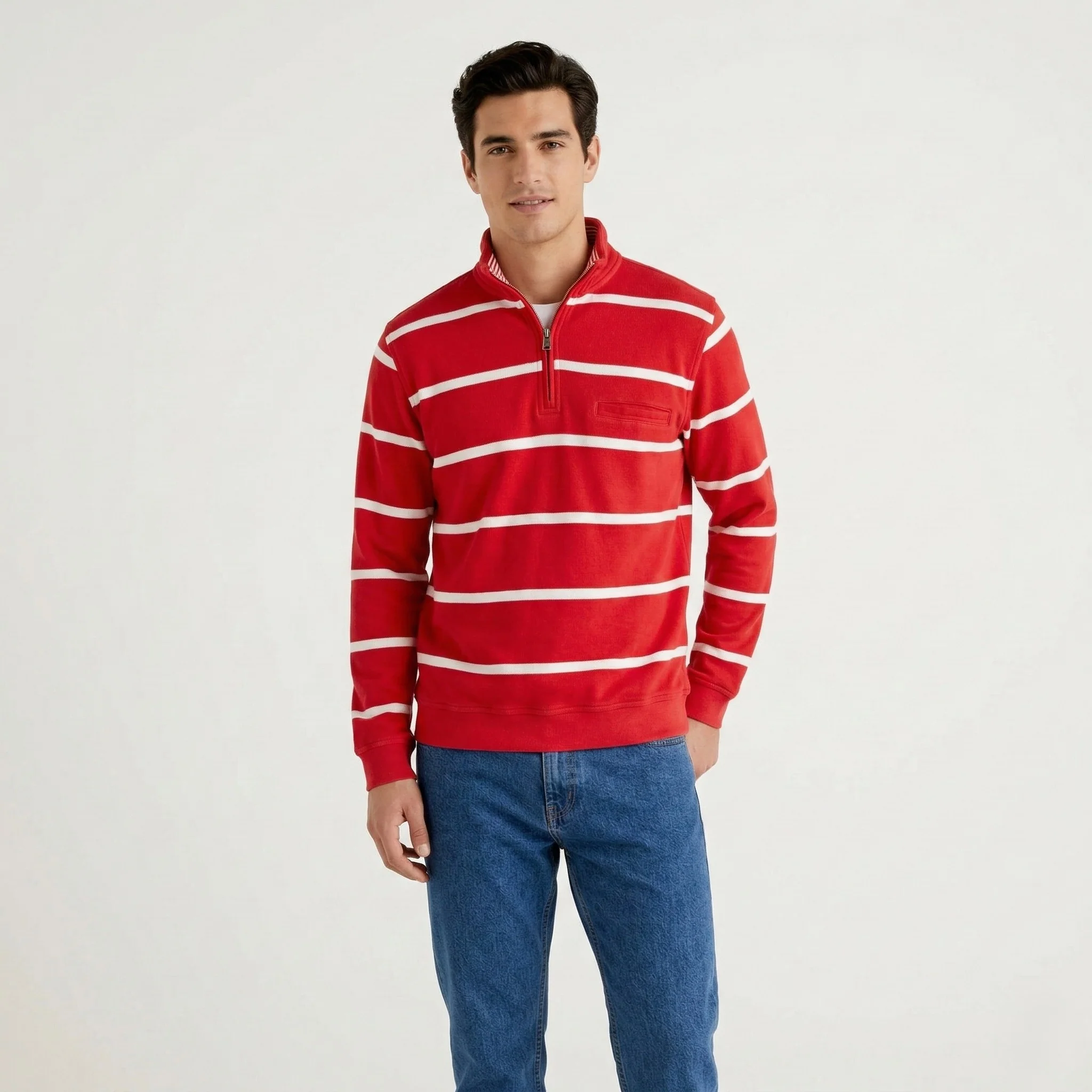 Pierre Cardin Men M Jumper Red Striped Cotton French Style Zip Neck Sweater