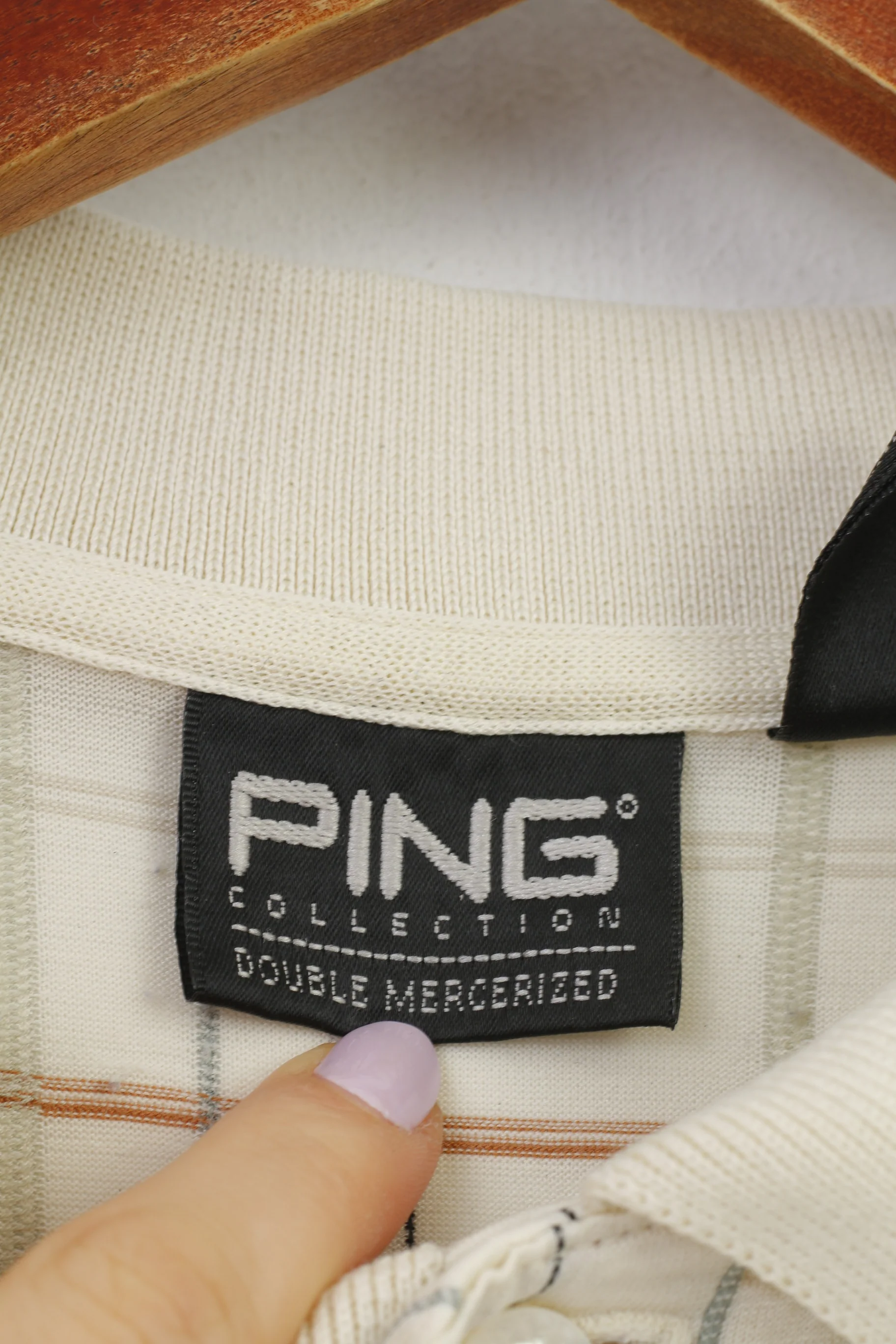 Ping Men L Polo Shirt Short Sleeve Cotton Checkered Cream Collar Vintage Top - Image 4