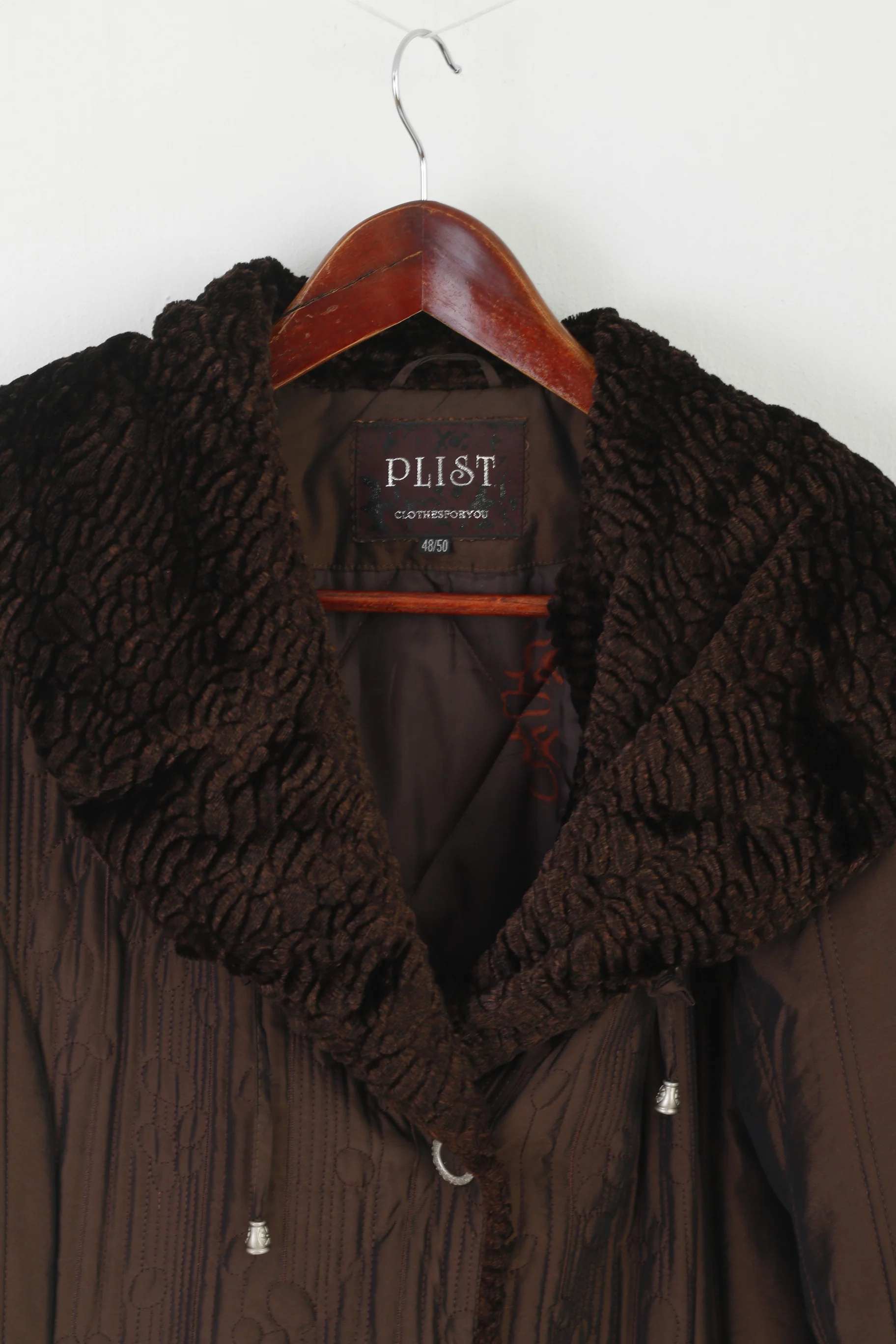 Plist Women 48 50 XL Jacket Brown Shiny Vintage Faux Fur Collar Snap Top - Image 2