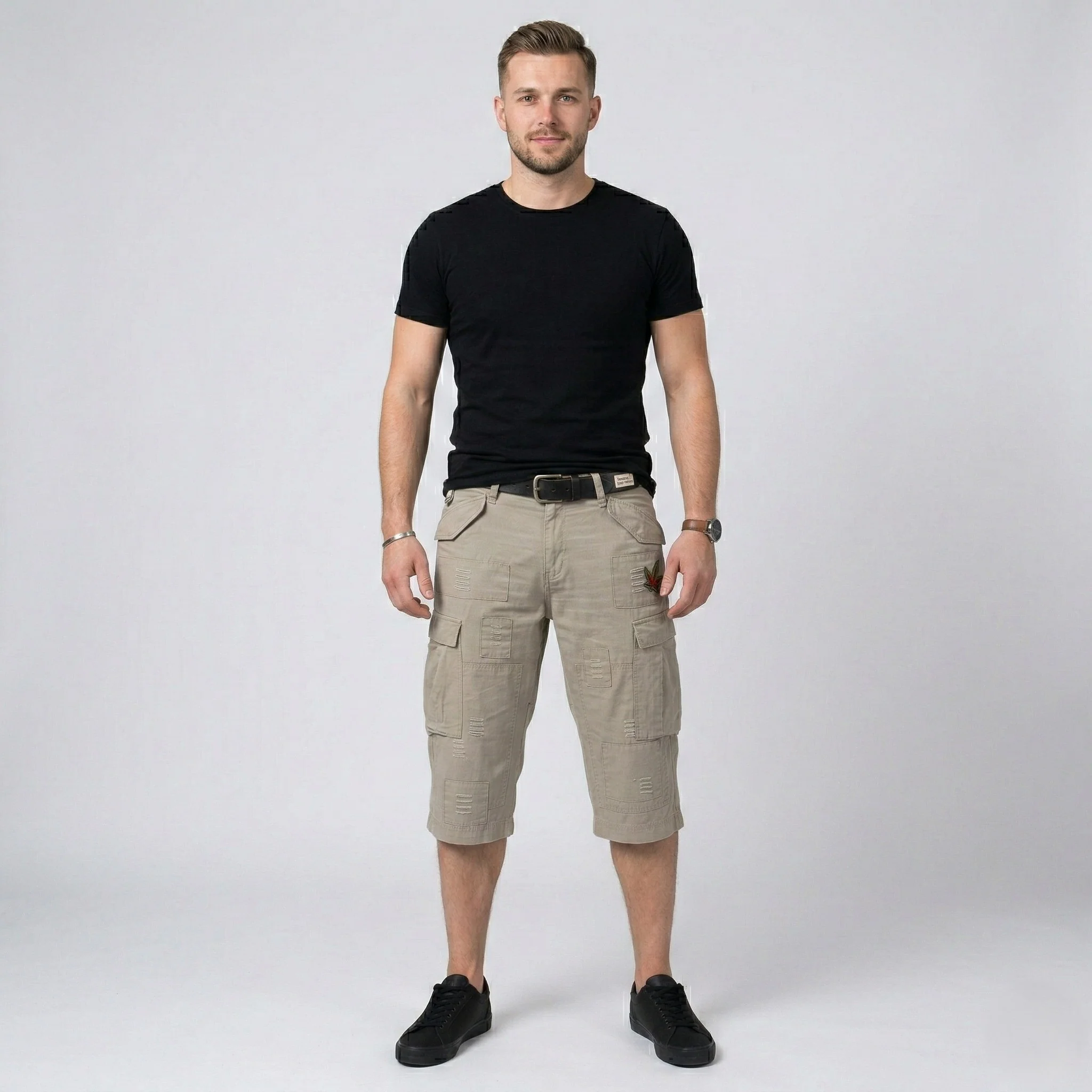 Plusminus By Chiemsee Men XL Shorts Beige Cotton Cargo Combat Embroidered