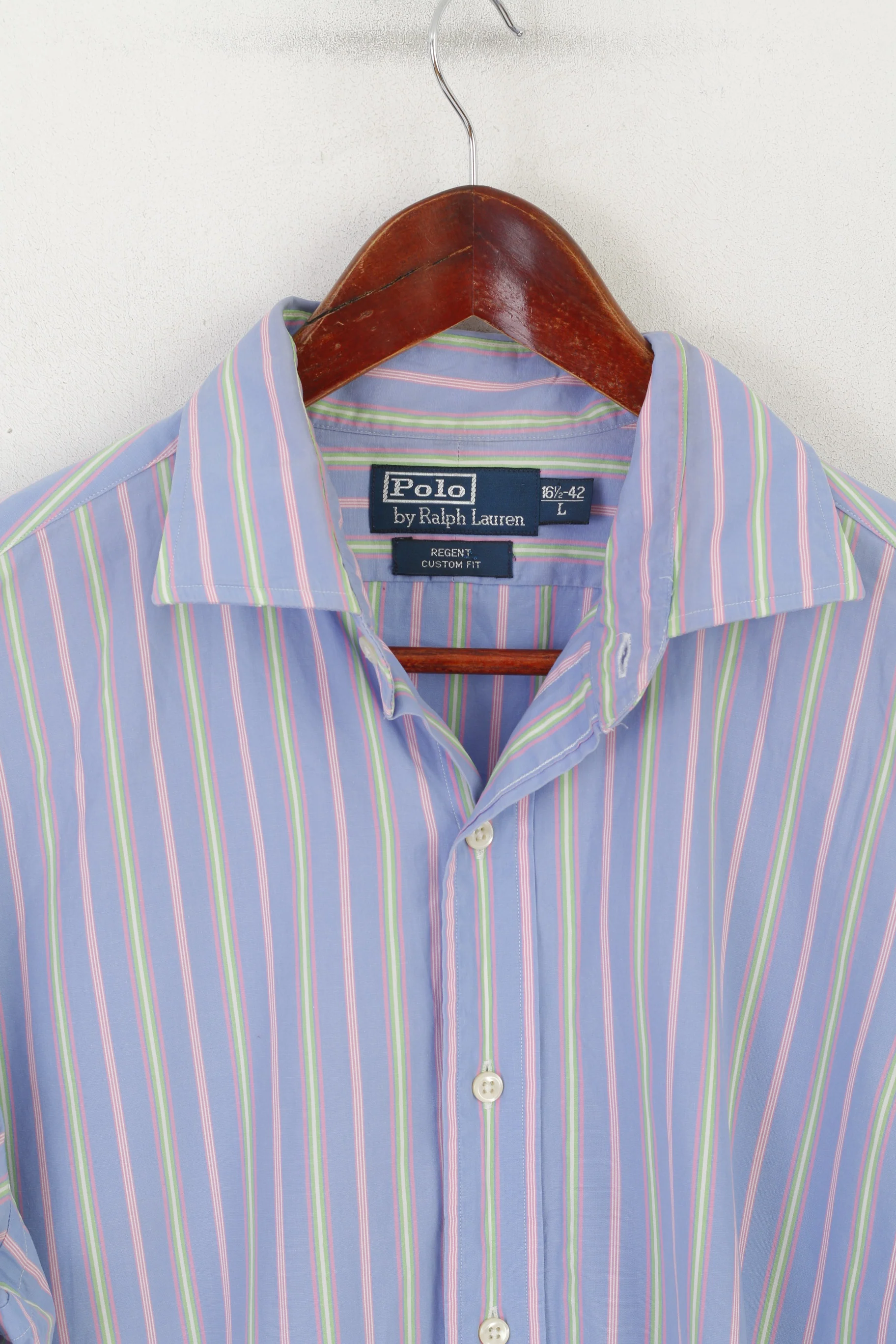 Polo by Ralph Lauren Men L Casual Shirt Blue Pink Striped Cotton Regent Custom Fit Top - Image 3