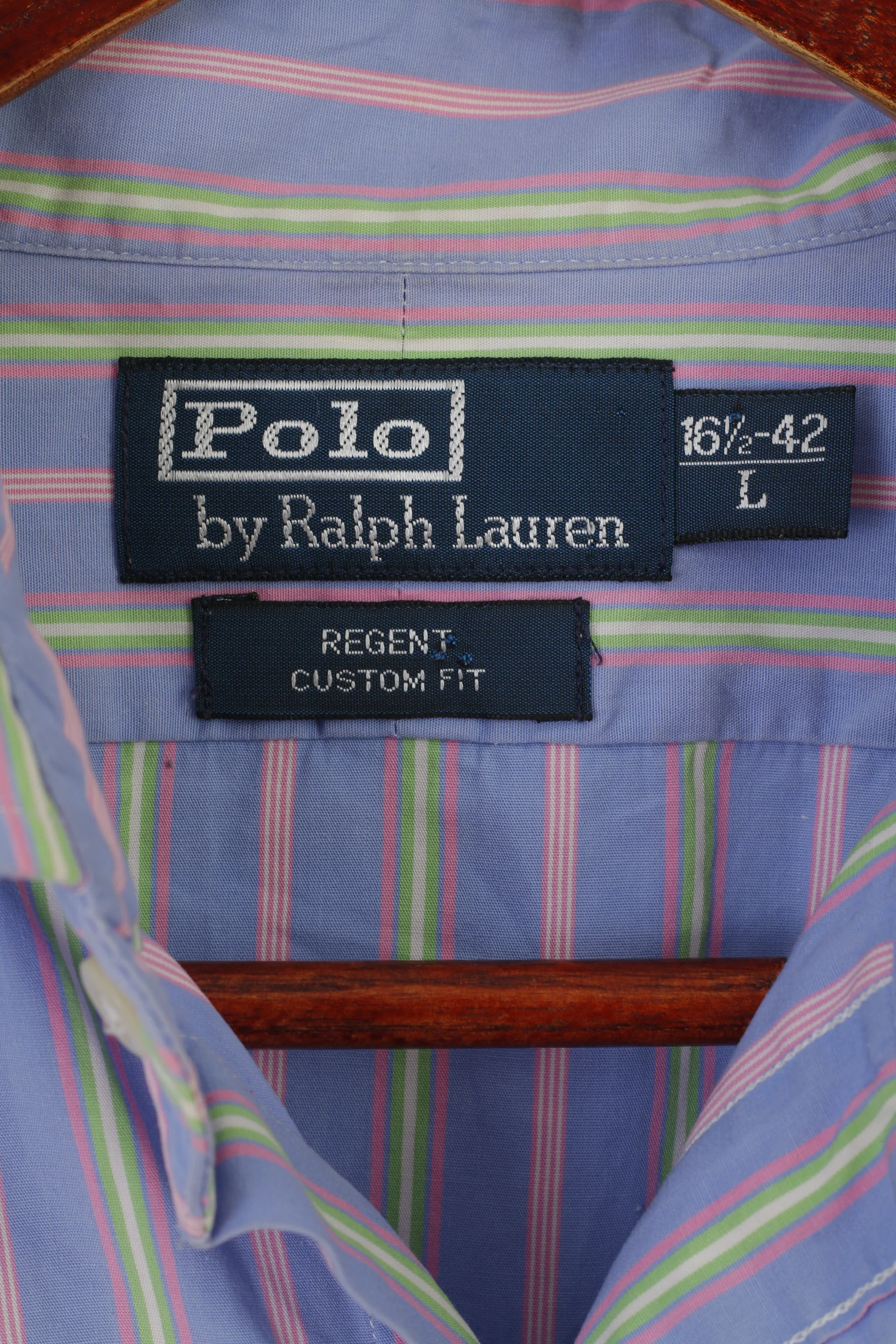 Polo by Ralph Lauren Men L Casual Shirt Blue Pink Striped Cotton Regent Custom Fit Top - Image 5
