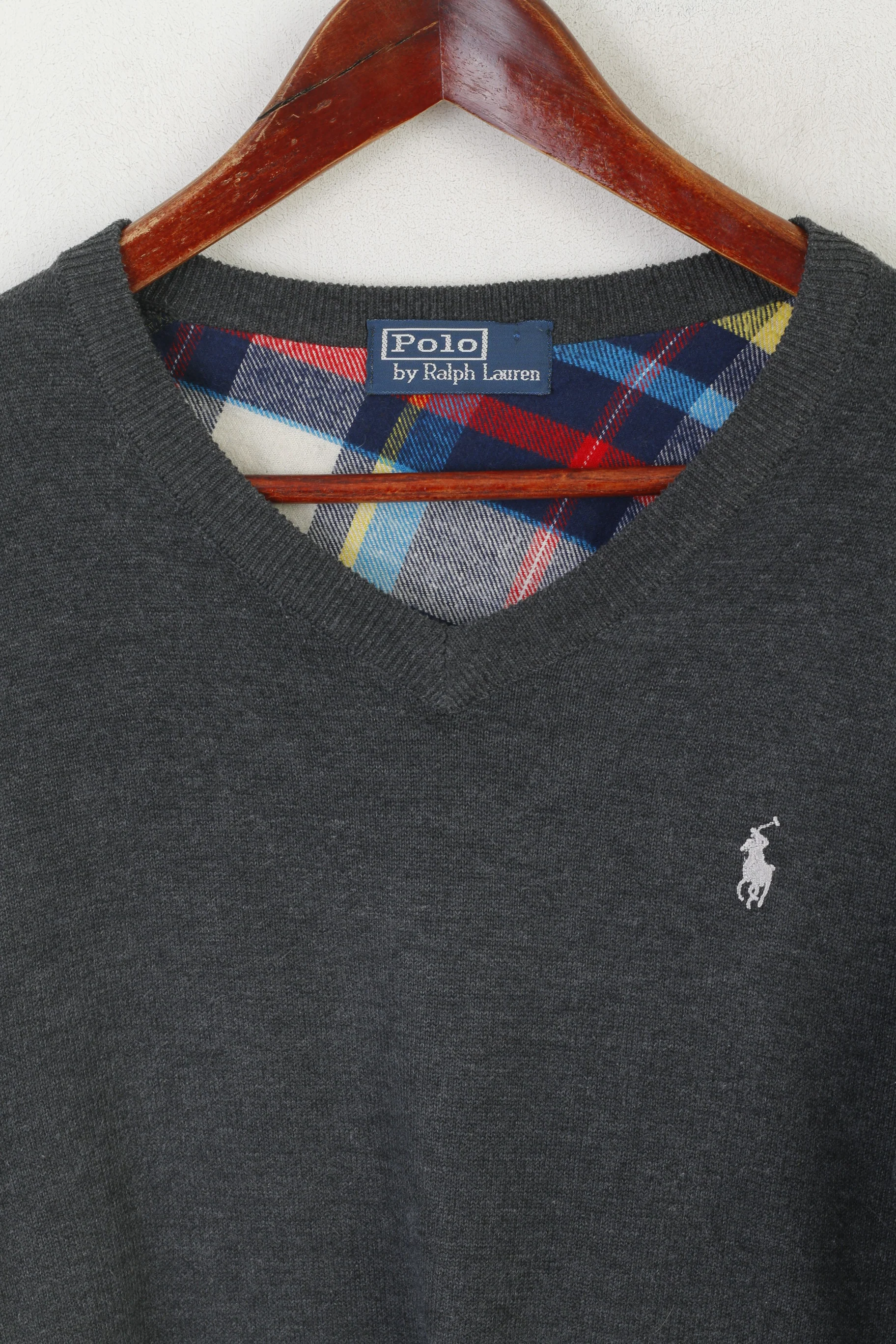 Polo by Ralph Lauren Men S Jumper Gray Wool V Neck Patches Vintage Sweater - Image 2