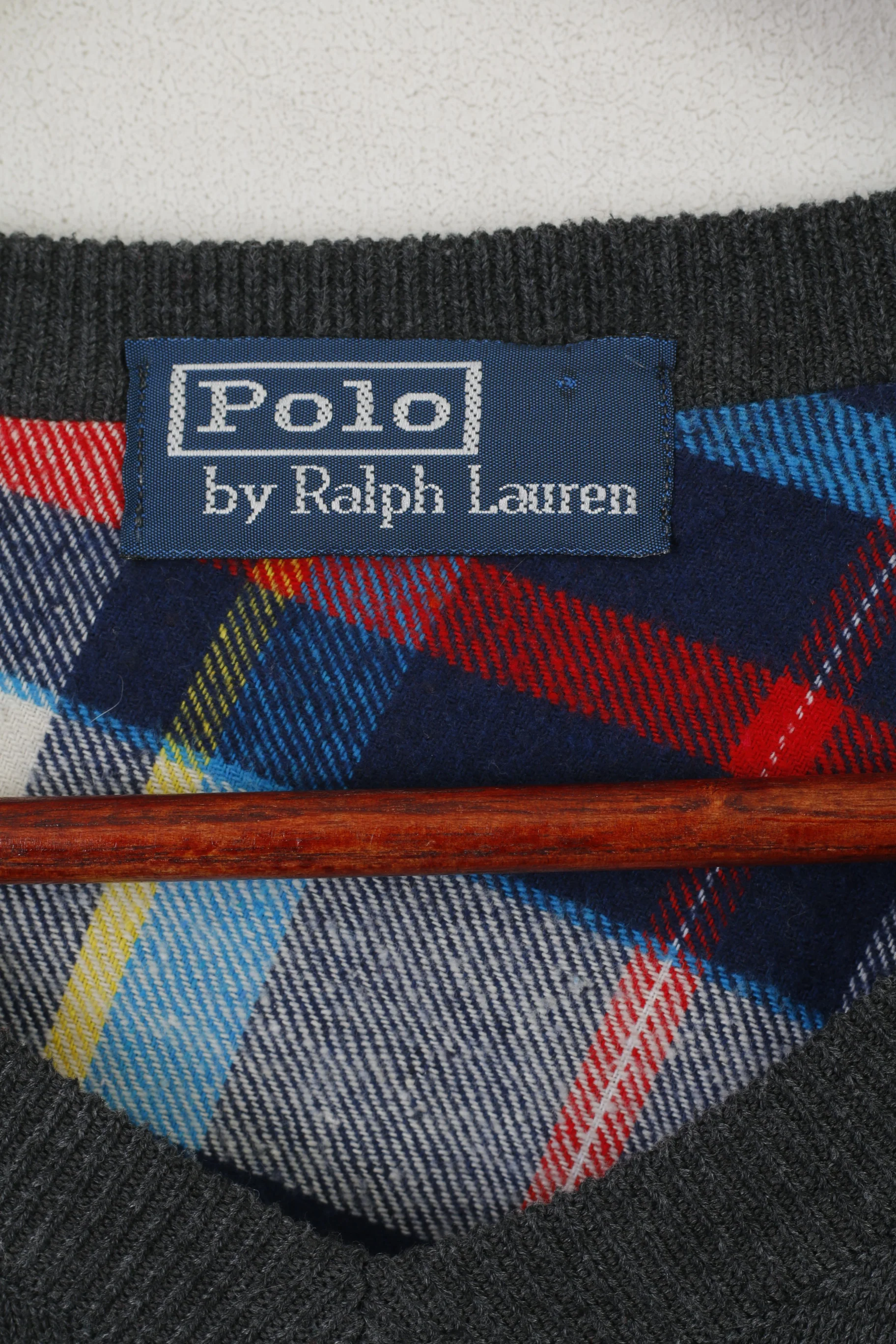 Polo by Ralph Lauren Men S Jumper Gray Wool V Neck Patches Vintage Sweater - Image 4