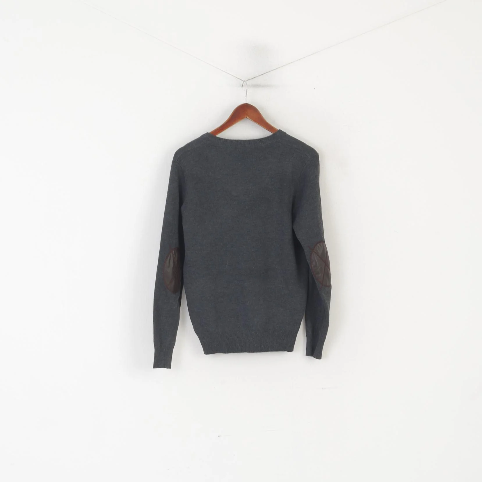 Polo by Ralph Lauren Men S Jumper Gray Wool V Neck Patches Vintage Sweater - Image 7