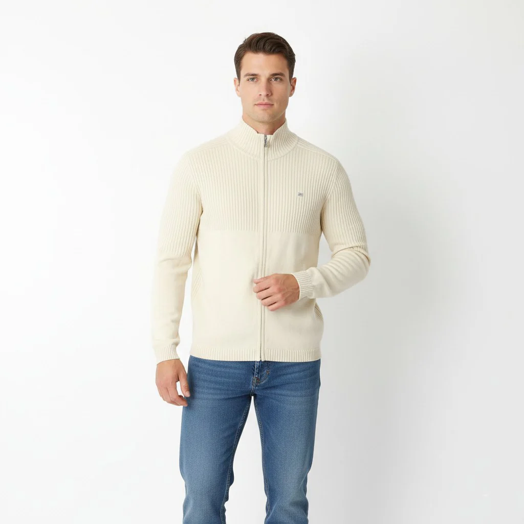 Polo Jeans Ralph Lauren Men XL (L) Jumper Cream Cotton Full Zipper Classic Sweater