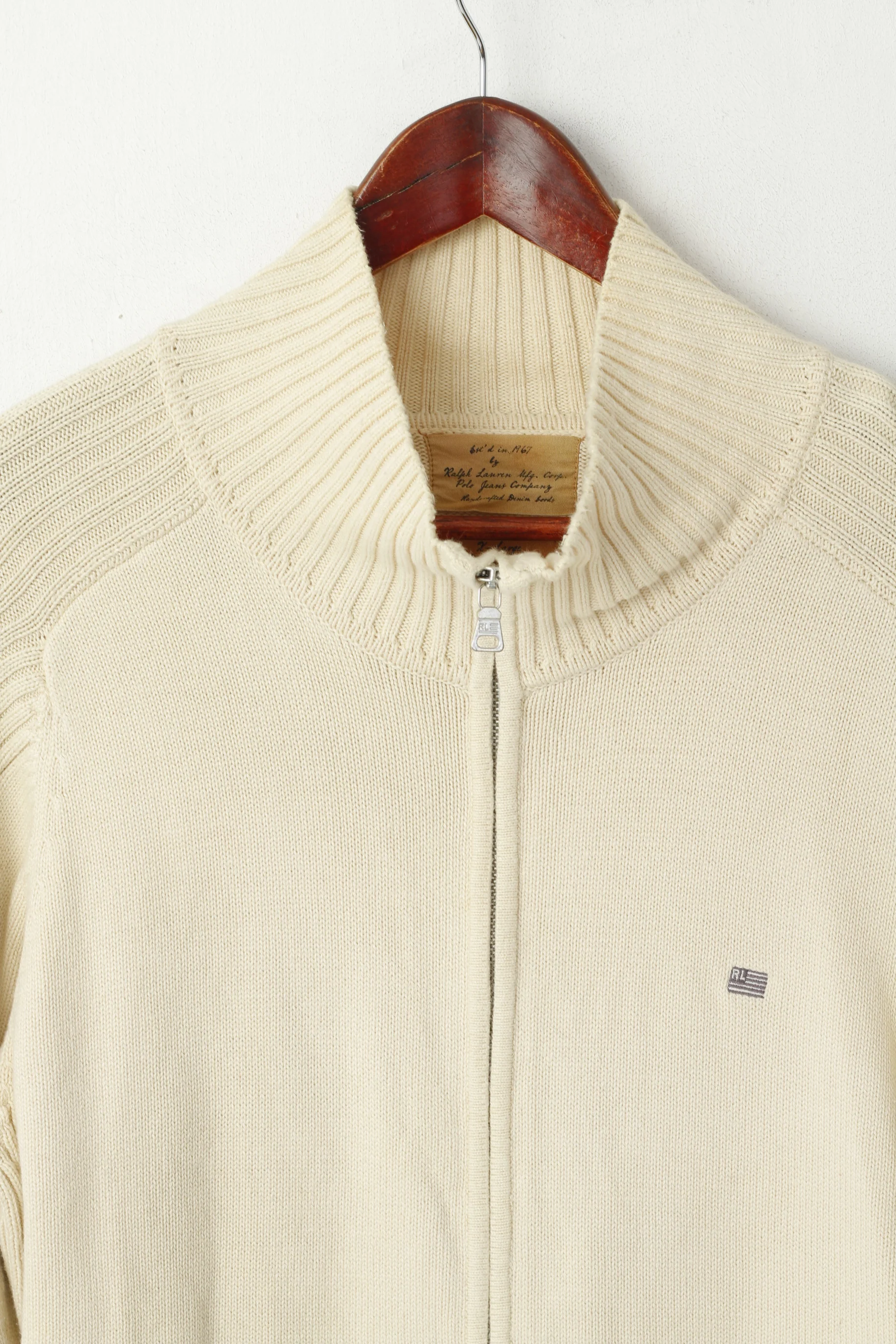 Polo Jeans Ralph Lauren Men XL (L) Jumper Cream Cotton Full Zipper Classic Sweater - Image 3