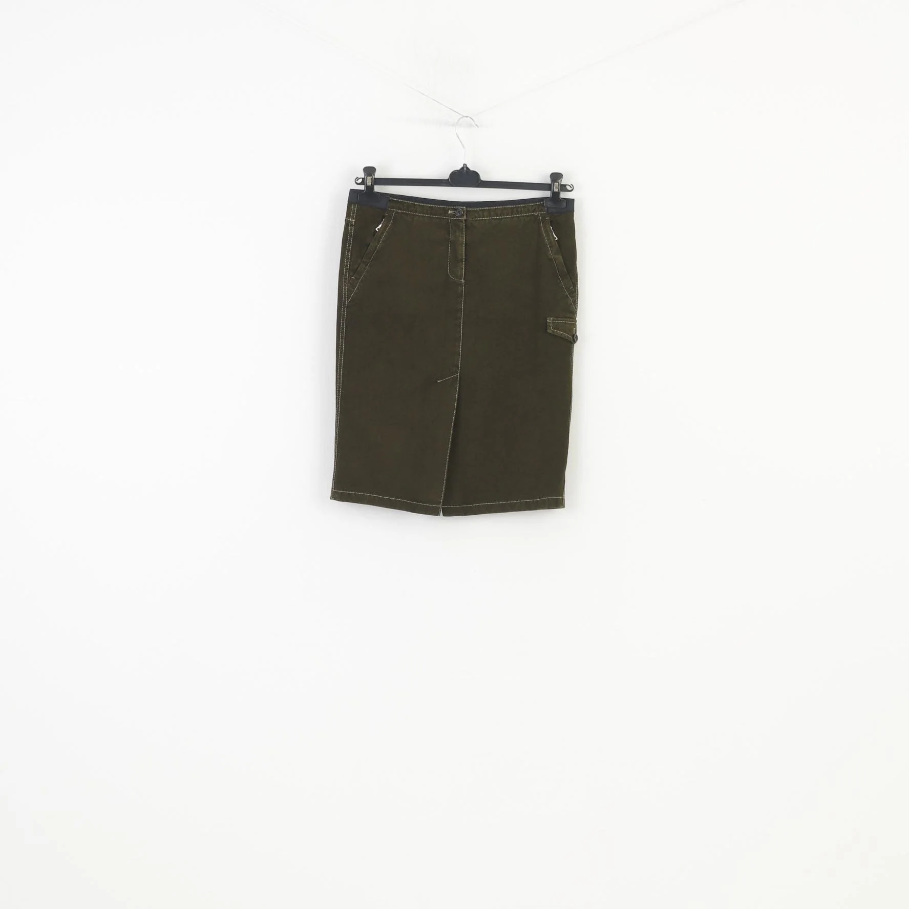 Prada Woman 42 L Skirt Khaki Zipper Midi Pockets Wool Vintage