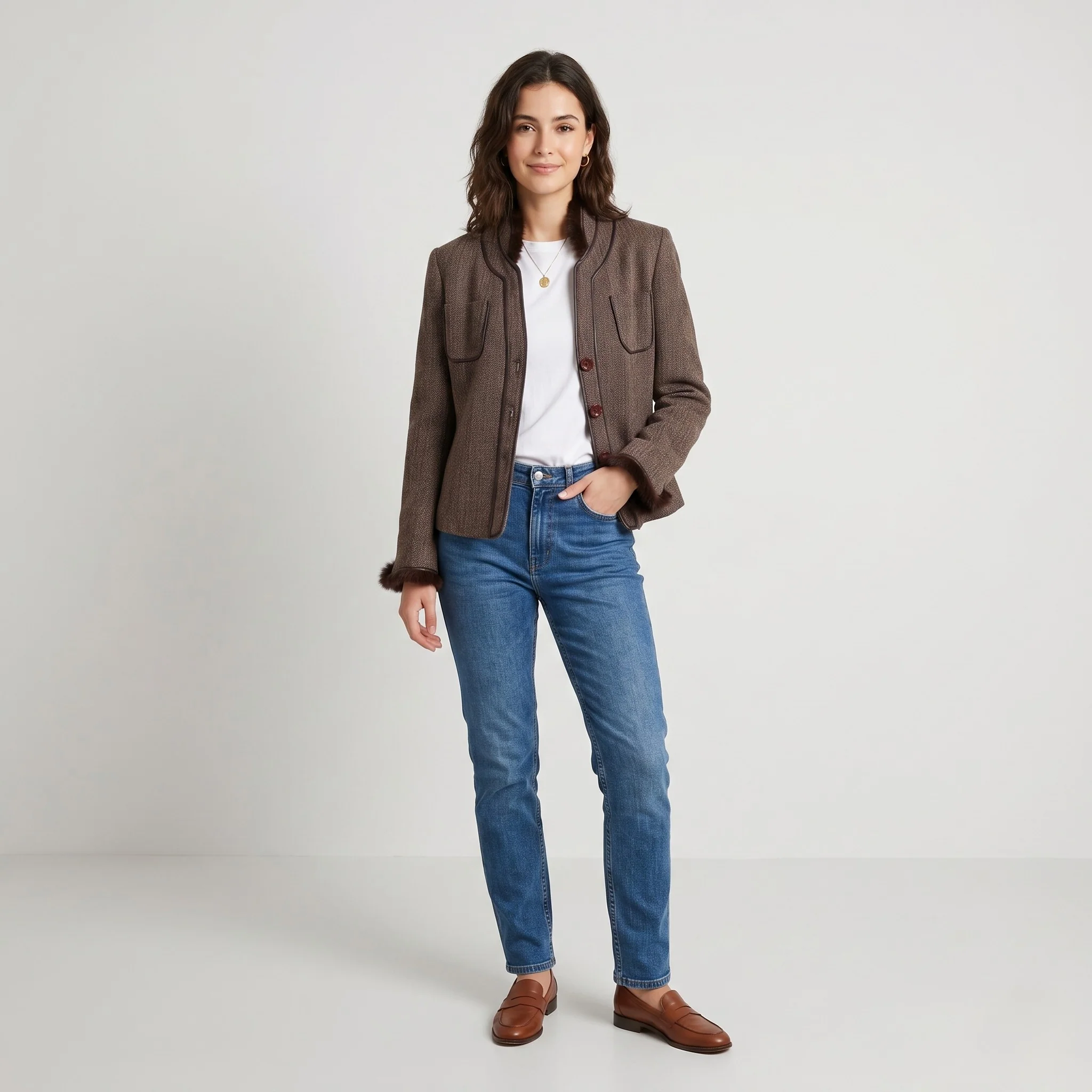 Prato Women 42 M Blazer Brown Viscose Soft Classic Shoulkder Pads Jacket
