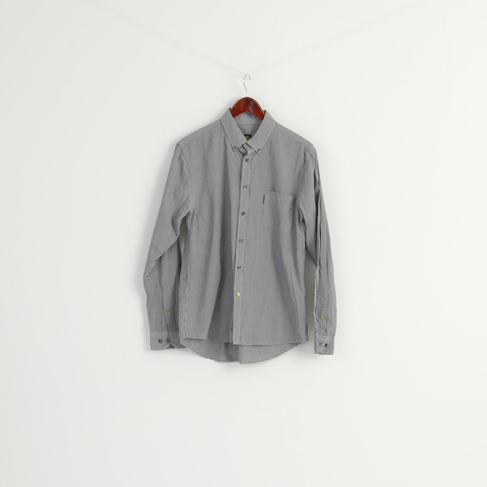 Pretty Green Men L Casual Shirt Black White Check Cotton Long Sleeve Pocket Top - Image 2