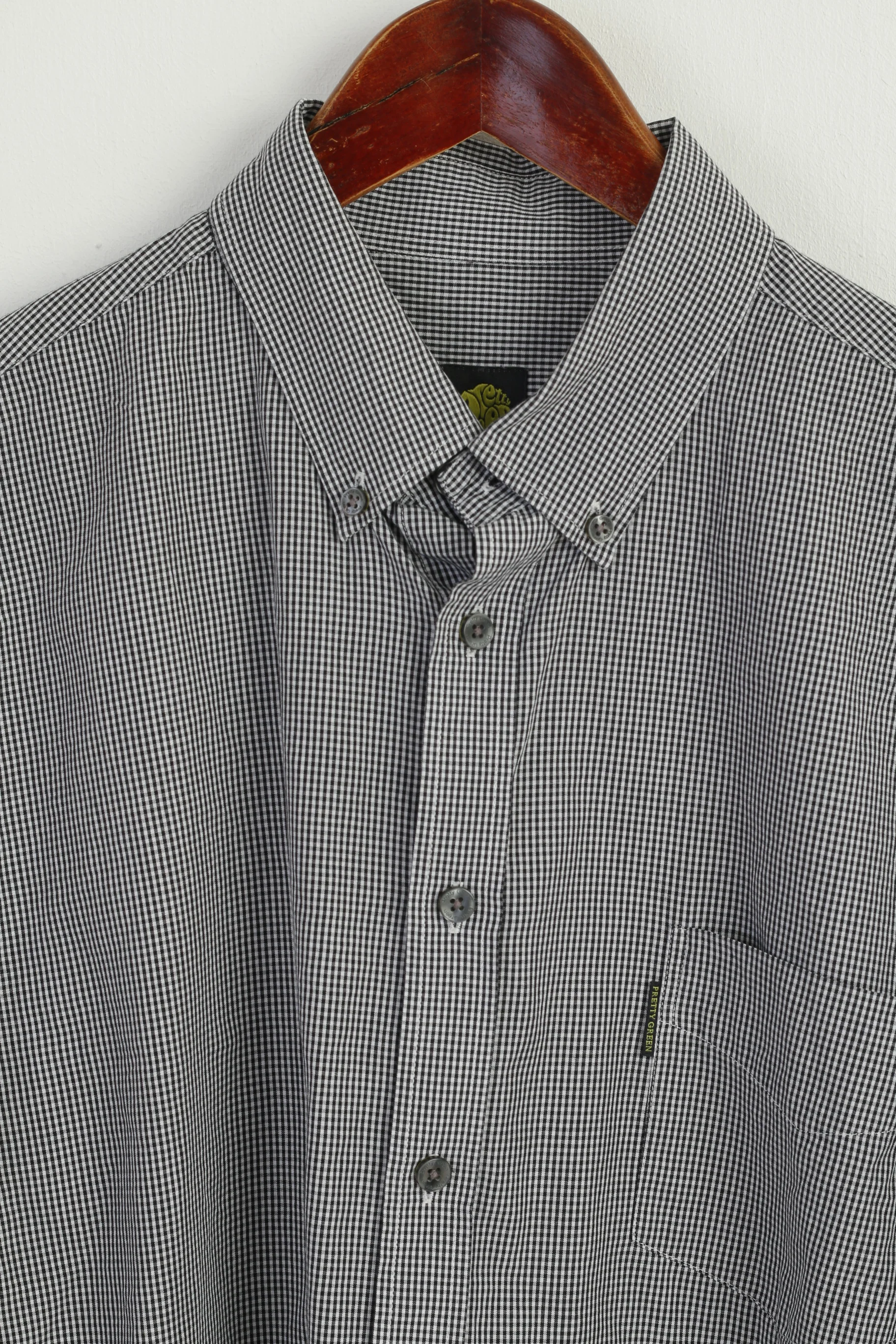 Pretty Green Men L Casual Shirt Black White Check Cotton Long Sleeve Pocket Top - Image 3
