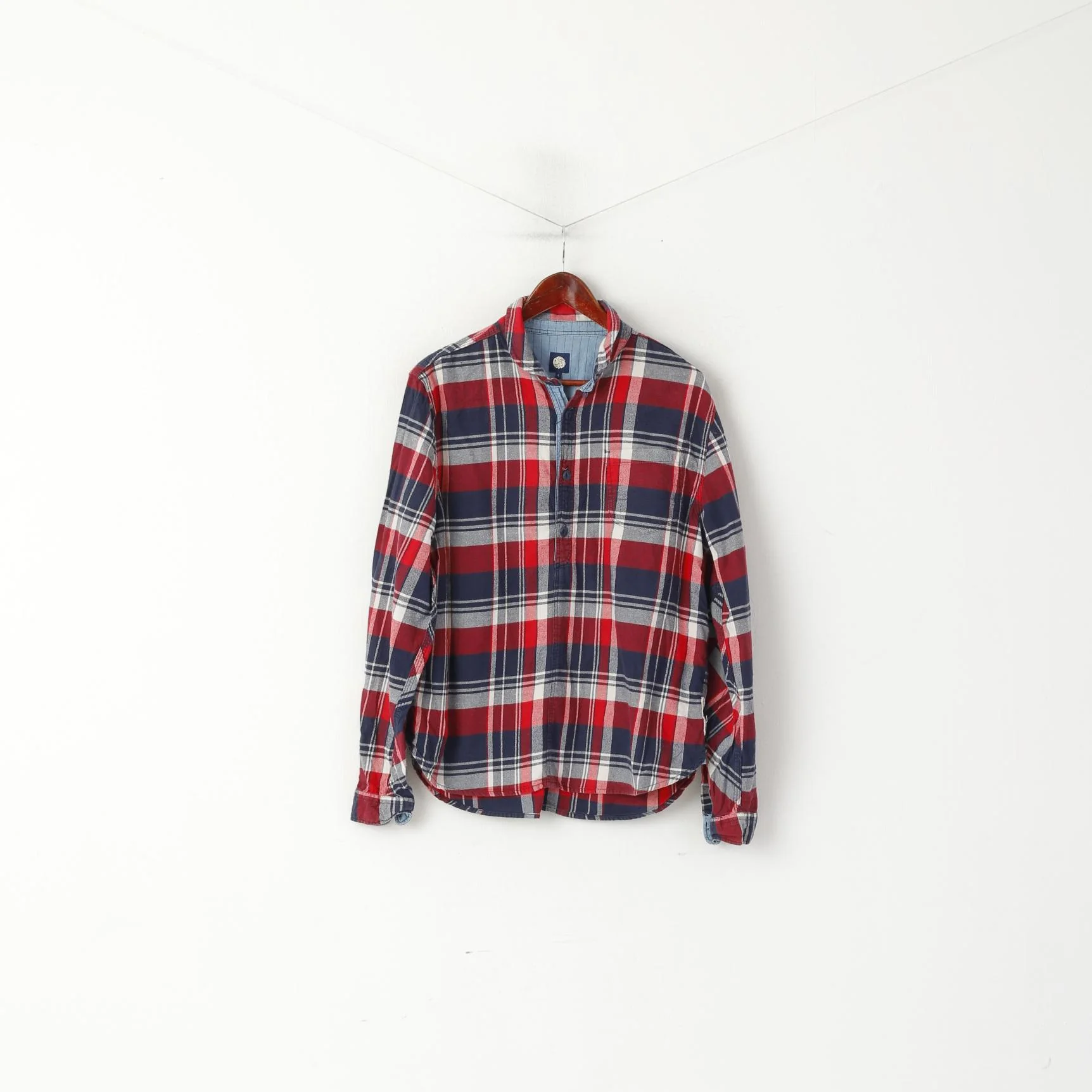 Pretty Green Men L Casual Shirt Red Check Pullover Cotton Long Sleeve Top - Image 2