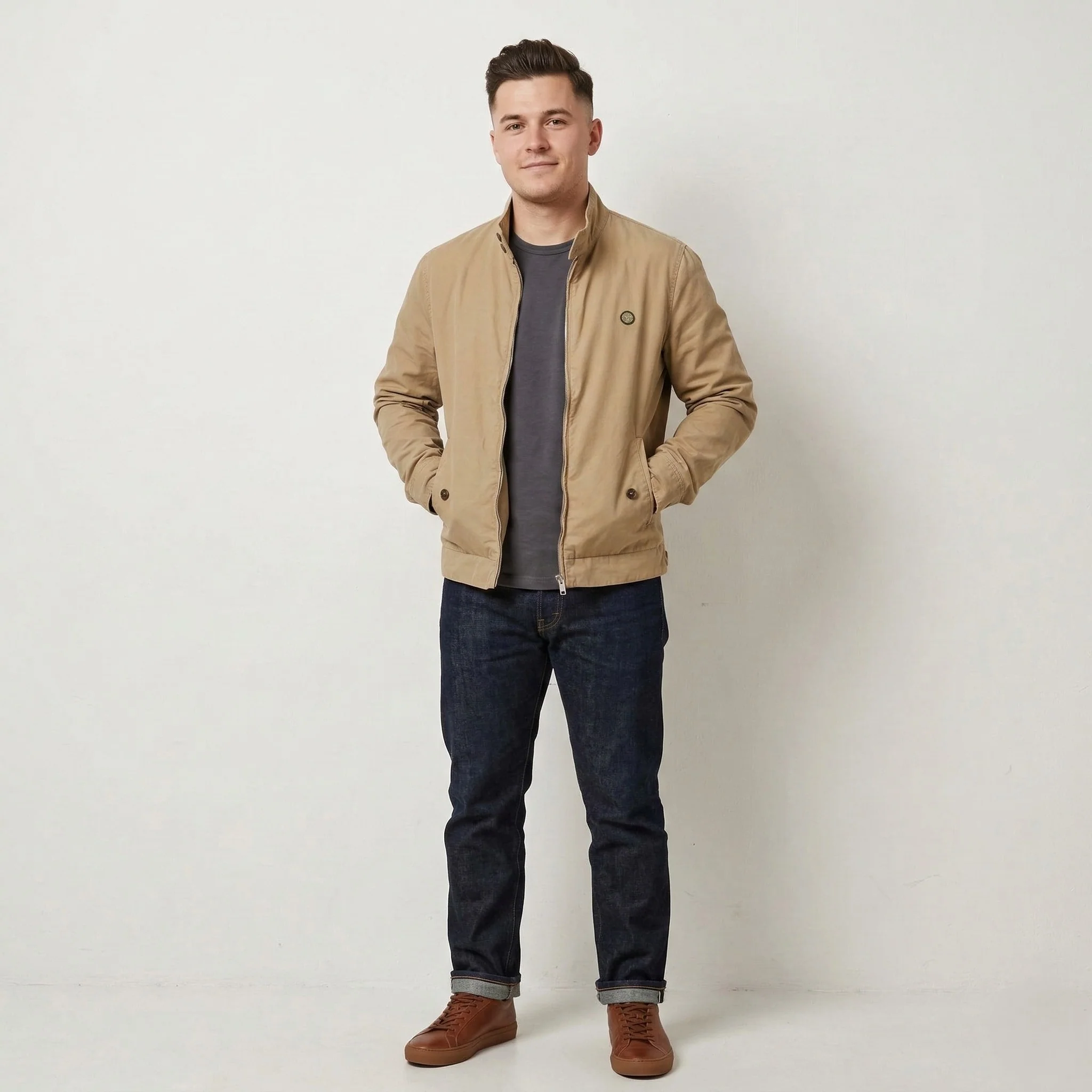Pretty Green Men S Jacket Brown Cotton Full Zipper Slim Fit Casual Harrington Top