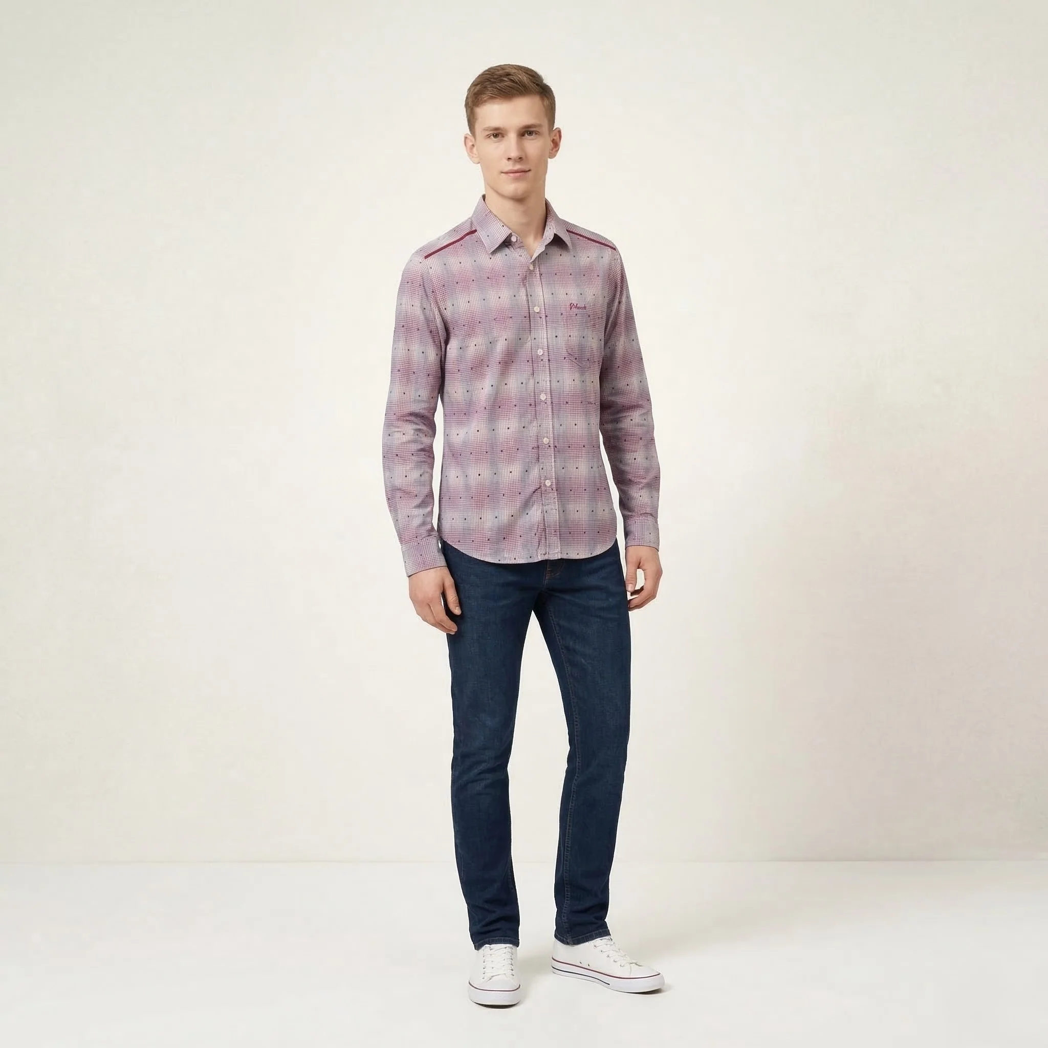 Pringle Of Scotland Men 15 38 S Casual Shirt Purple Check Cotton Detailed Buttons Long Sleeve
