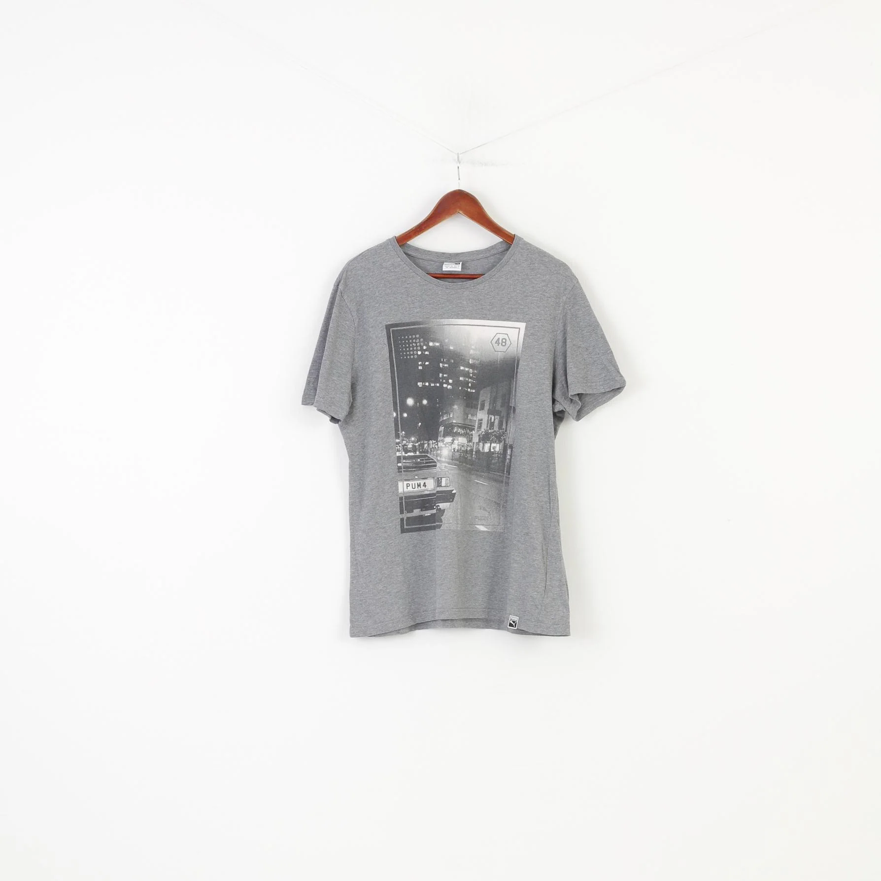 Puma Men L T-Shirt Gray Cotton Graphic City Sport Crew Neck Top