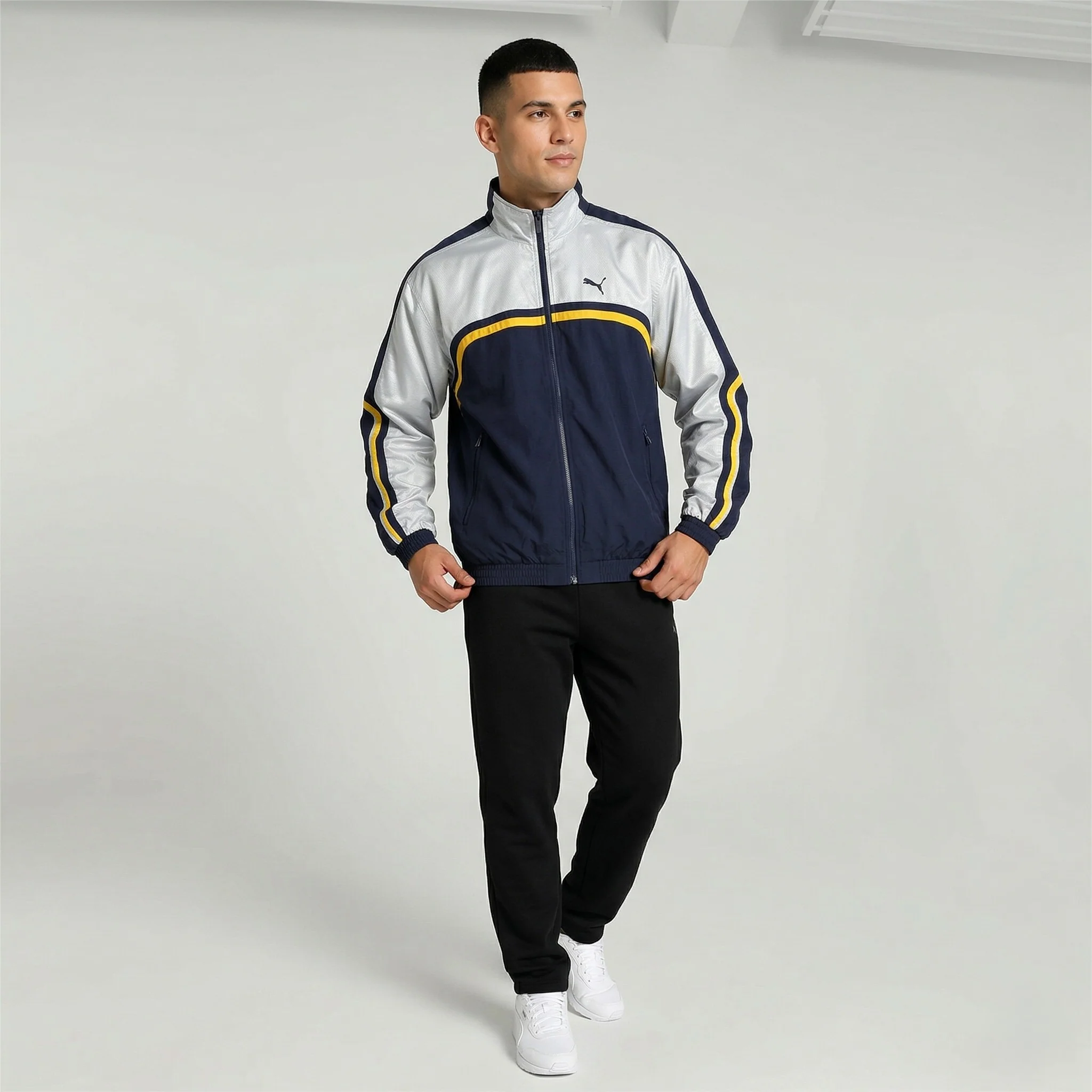 Puma Men M Bomber Jacket Navy Silver Vintage Full Zip Nylon Track Top