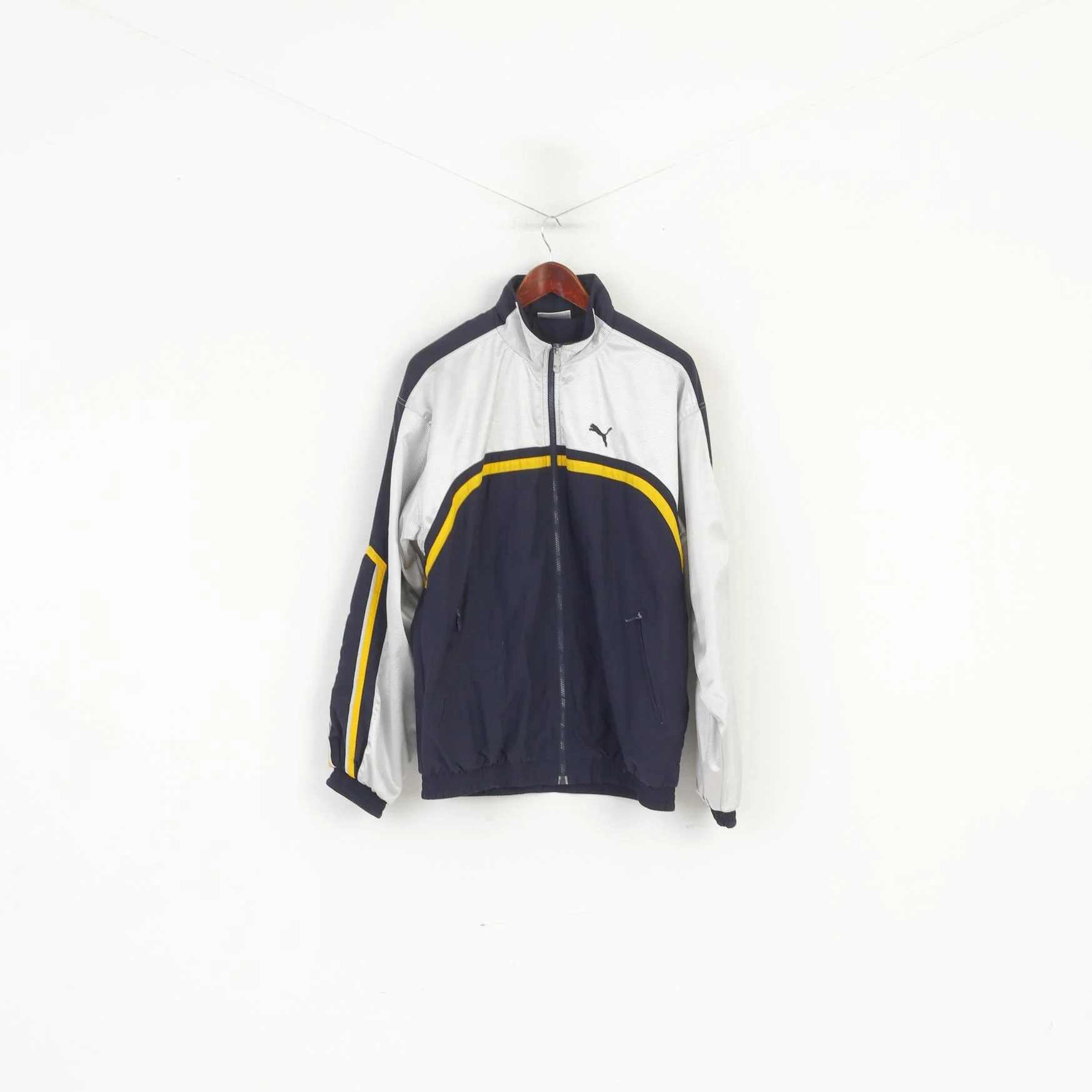 Puma Men M Bomber Jacket Navy Silver Vintage Full Zip Nylon Track Top - Image 2