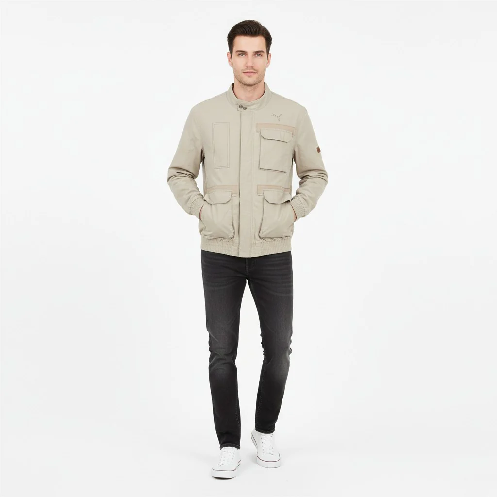 Puma Men S Jacket Pockets Full Zipper Beige Cotton Outwear Bomber Collar Top