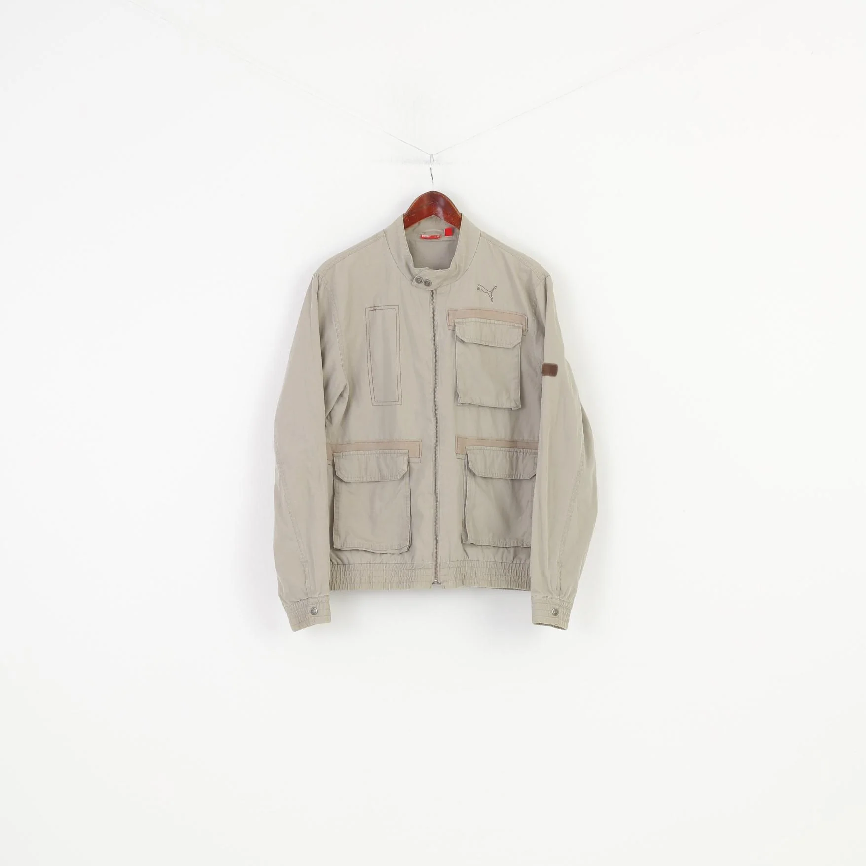 Puma Men S Jacket Pockets Full Zipper Beige Cotton Outwear Bomber Collar Top - Image 2