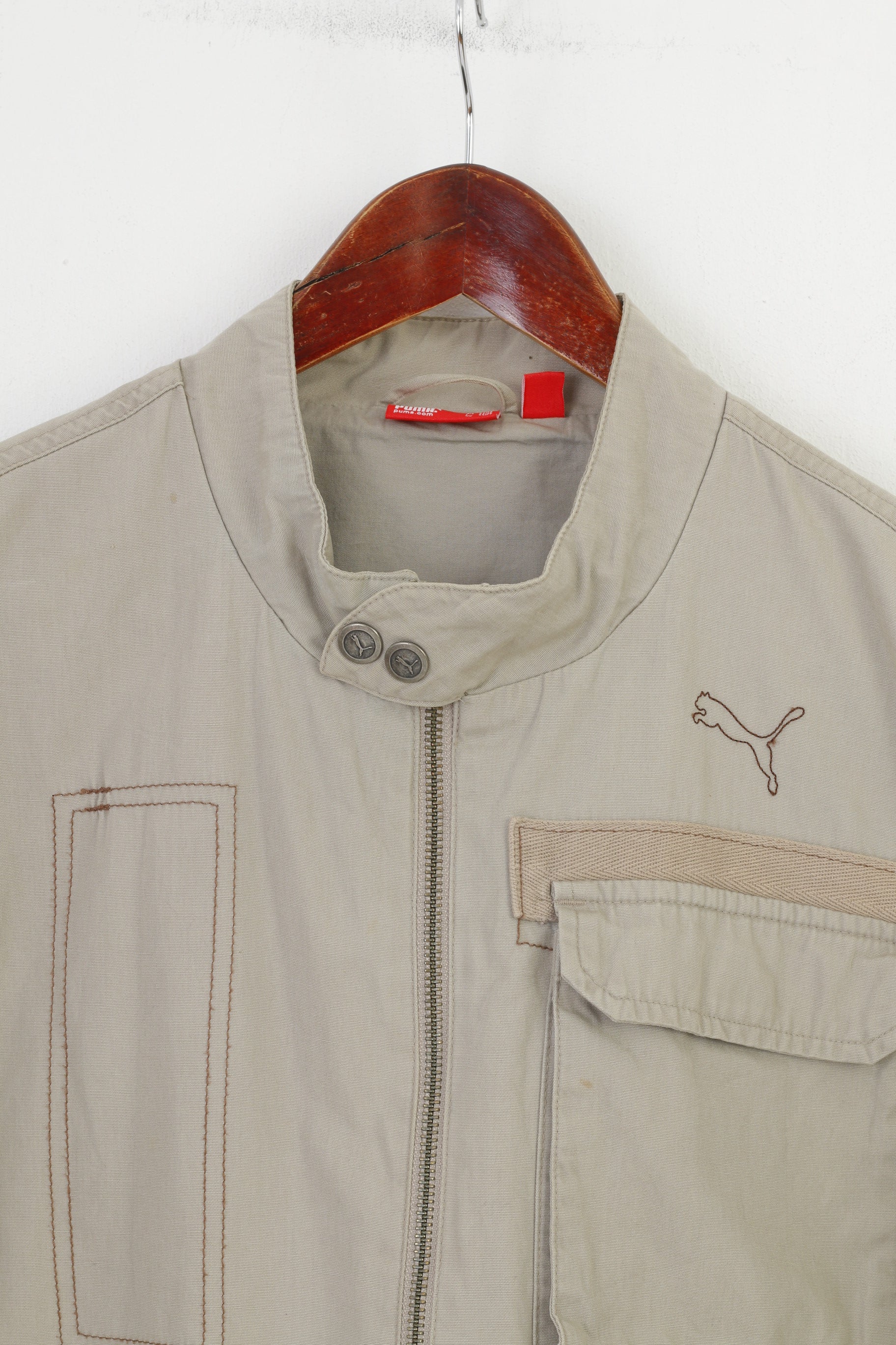 Puma Men S Jacket Pockets Full Zipper Beige Cotton Outwear Bomber Collar Top - Image 3