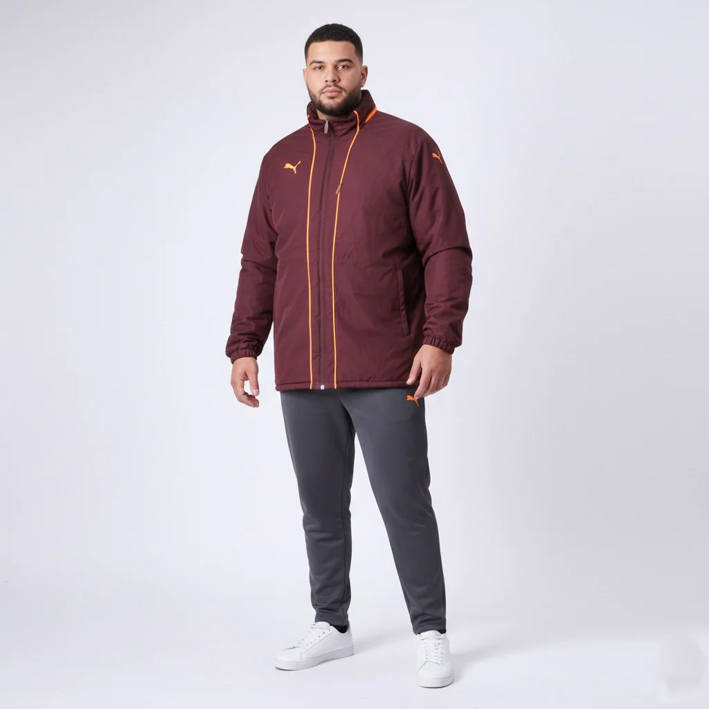 PUMA Mens XL Jacket Maroon Full Zipper Hidden Hood Padded Sport Orange Logo Top