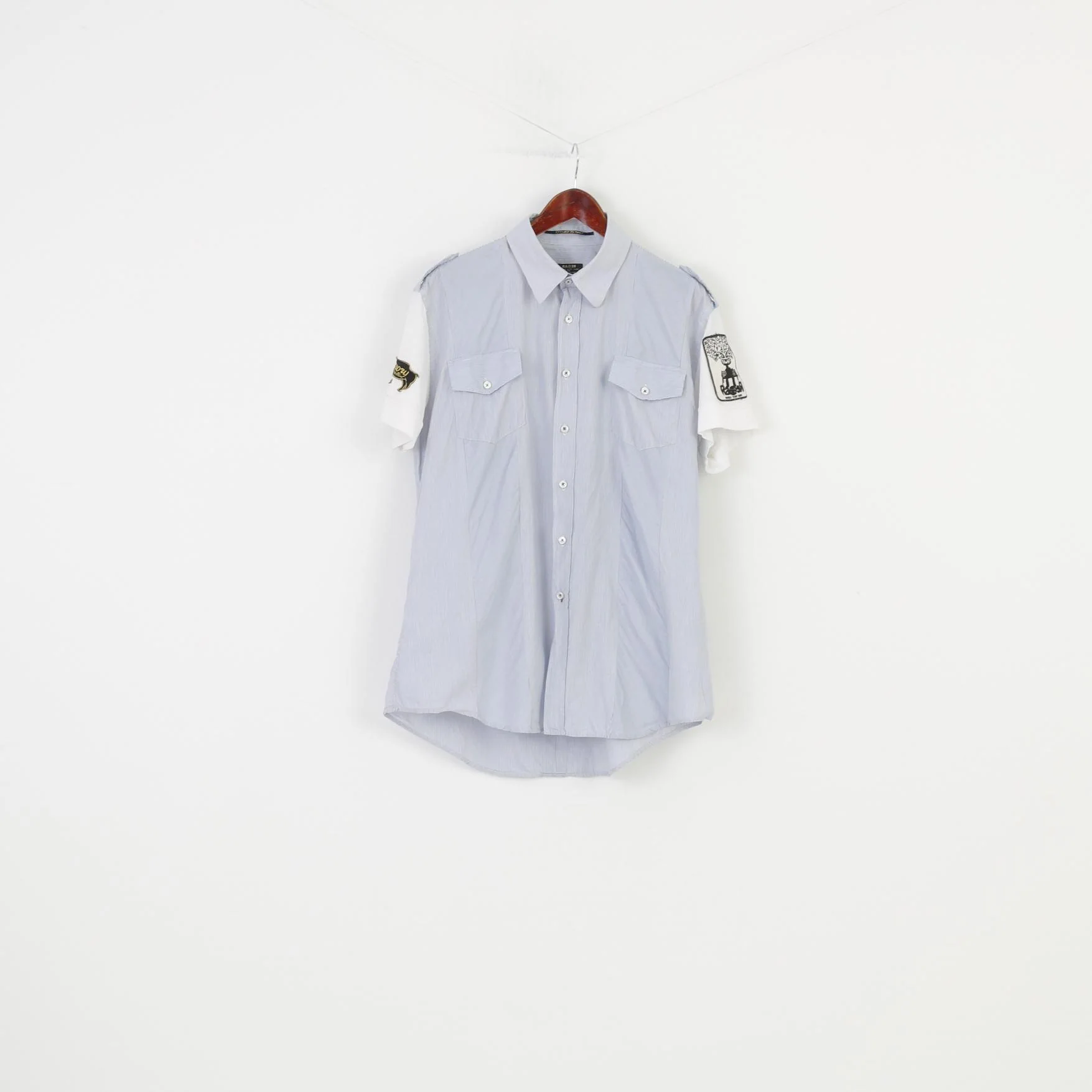 Rare Men XXXL L Casual Shirt Striped Blue Short Sleeve Cotton Collar Buttons Patches Styled in Italy Top