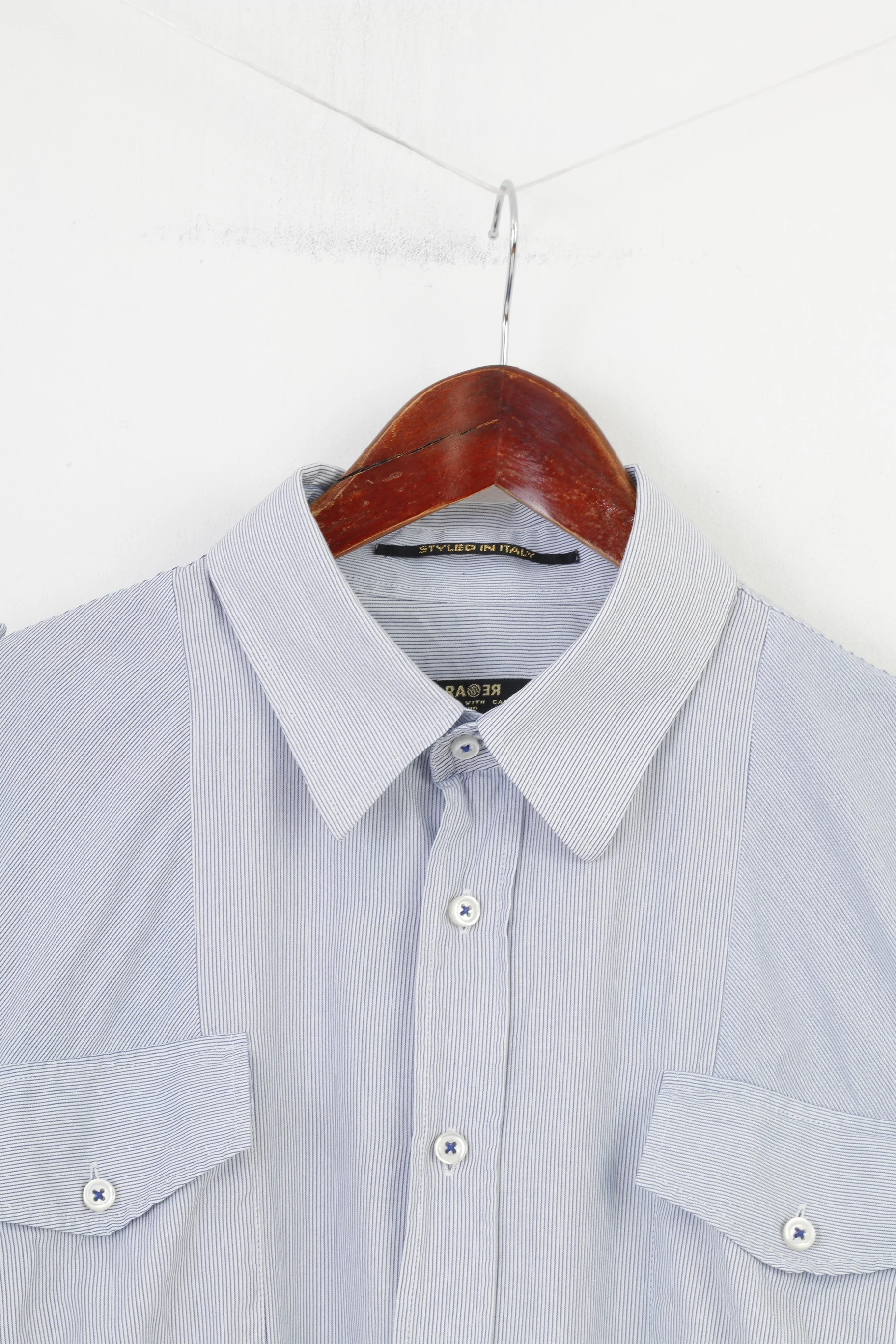 Rare Men XXXL L Casual Shirt Striped Blue Short Sleeve Cotton Collar Buttons Patches Styled in Italy Top - Image 2