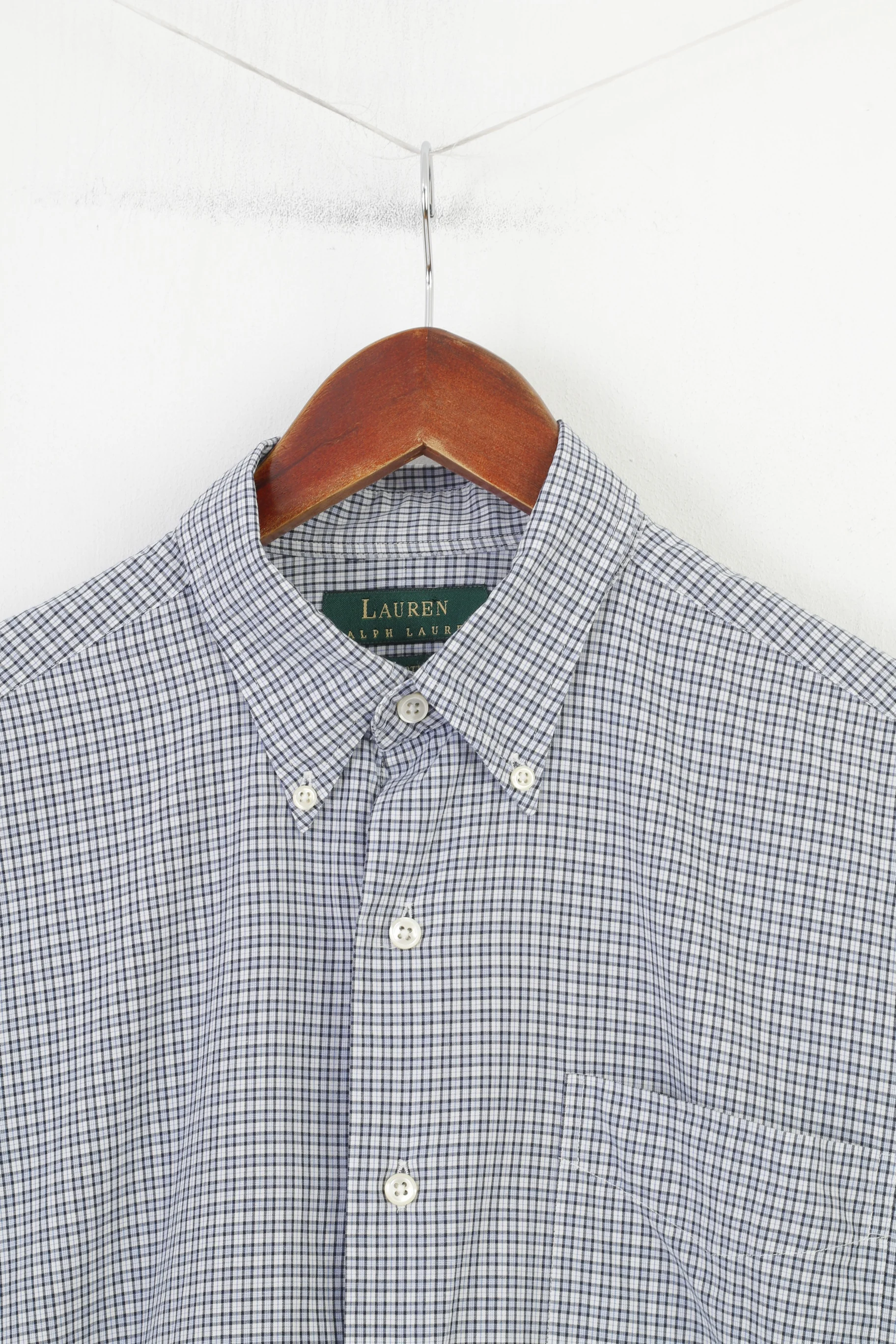 Ralph Lauren Men 34/35 15.5 Casual Shirt Long Sleeve Checkered Cotton Blue Classic Top - Image 3