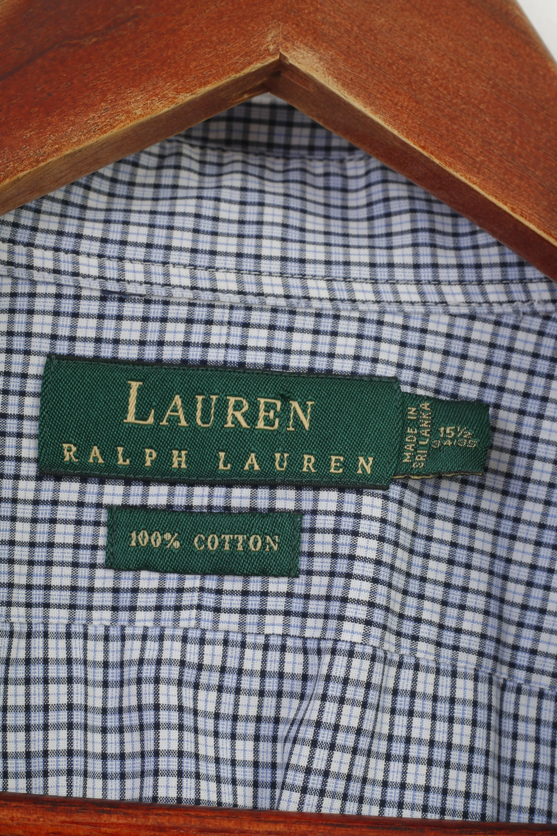 Ralph Lauren Men 34/35 15.5 Casual Shirt Long Sleeve Checkered Cotton Blue Classic Top - Image 5