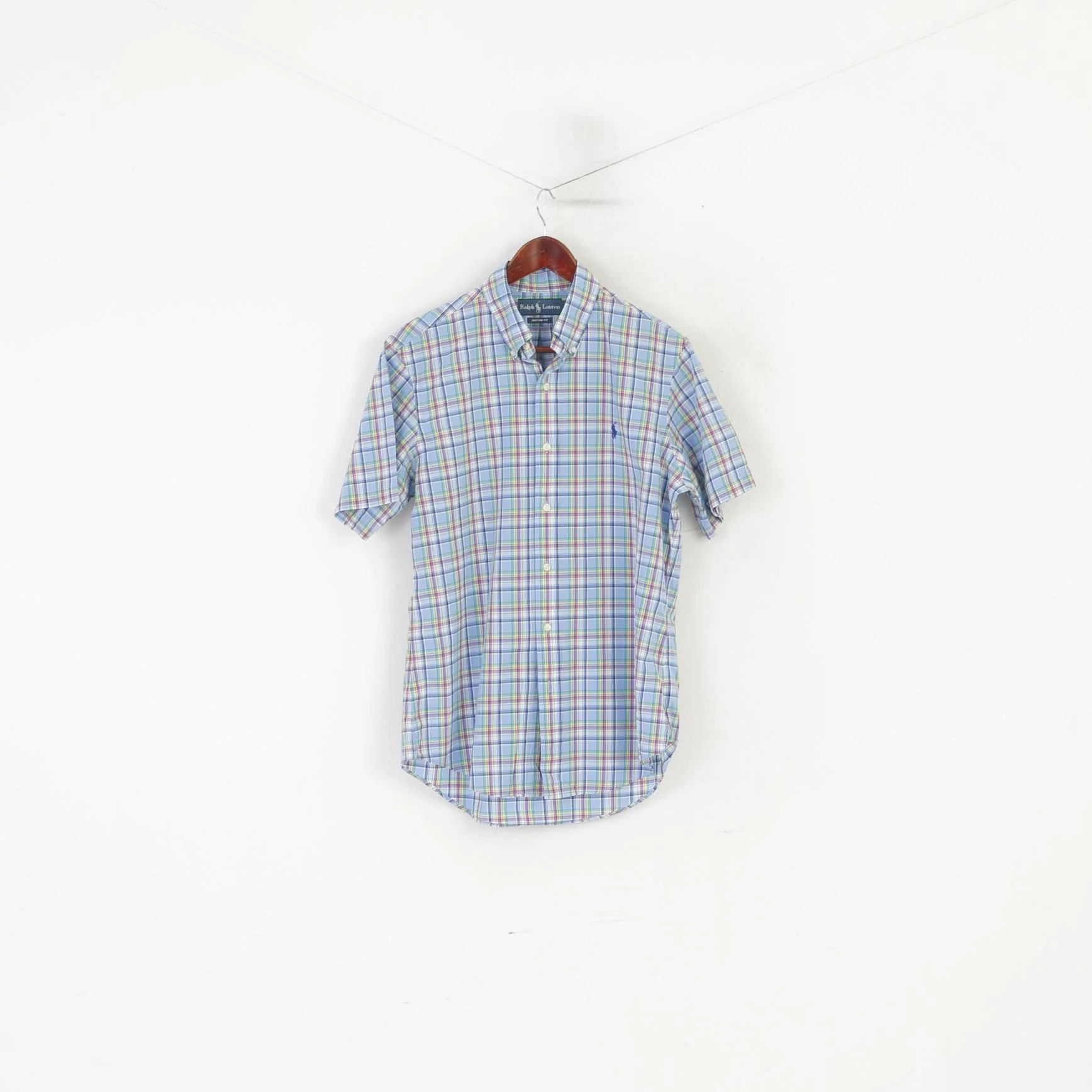 Ralph Lauren Men M Casual Shirt Blue Check Cotton Custom Fit Short Sleeve Top - Image 2