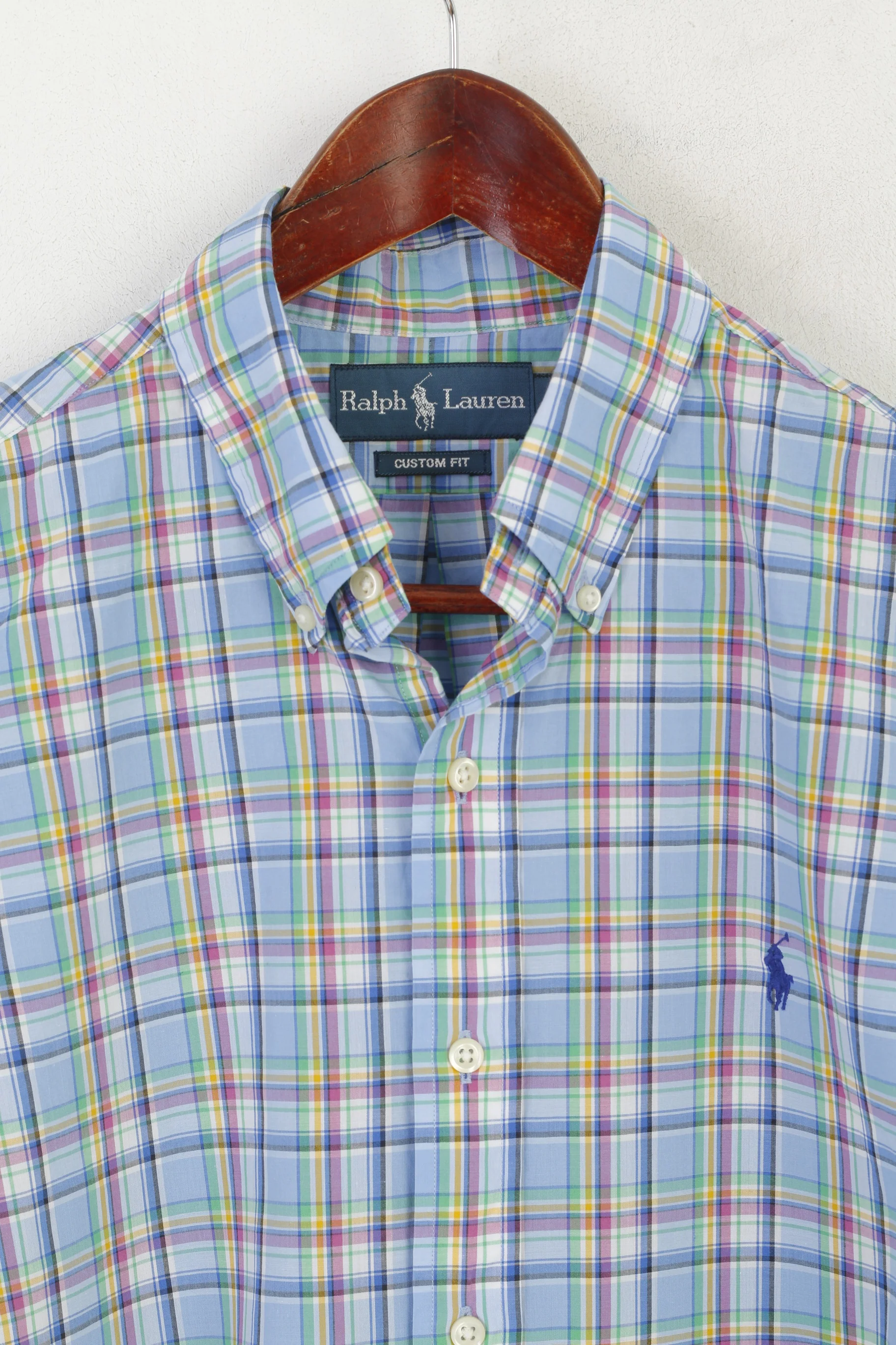 Ralph Lauren Men M Casual Shirt Blue Check Cotton Custom Fit Short Sleeve Top - Image 3