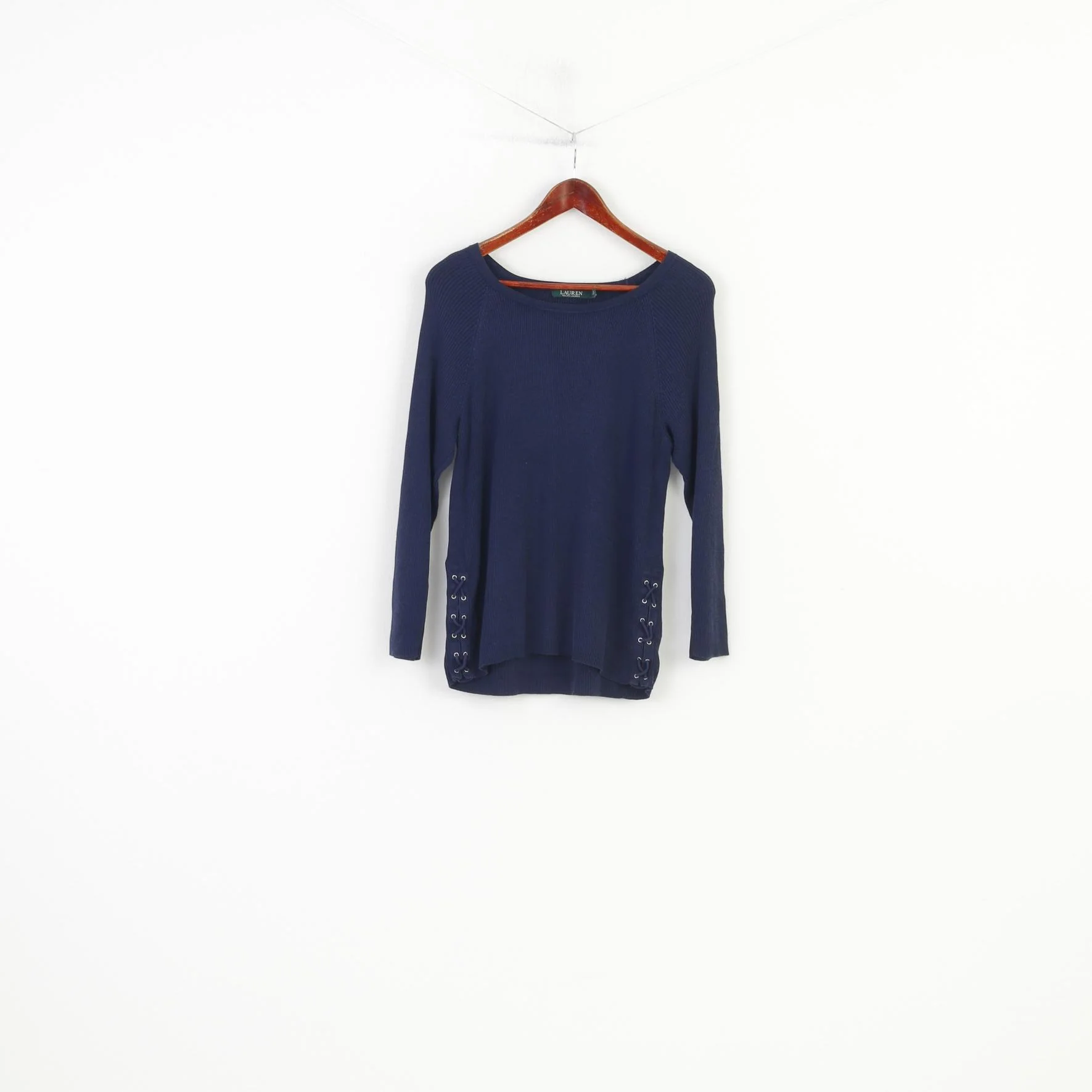 Ralph Lauren Woman XL Jumper Navy Fit Crew Neck Cotton Lace Up long Sleeve Striped Vintage Sweater Top - Image 2