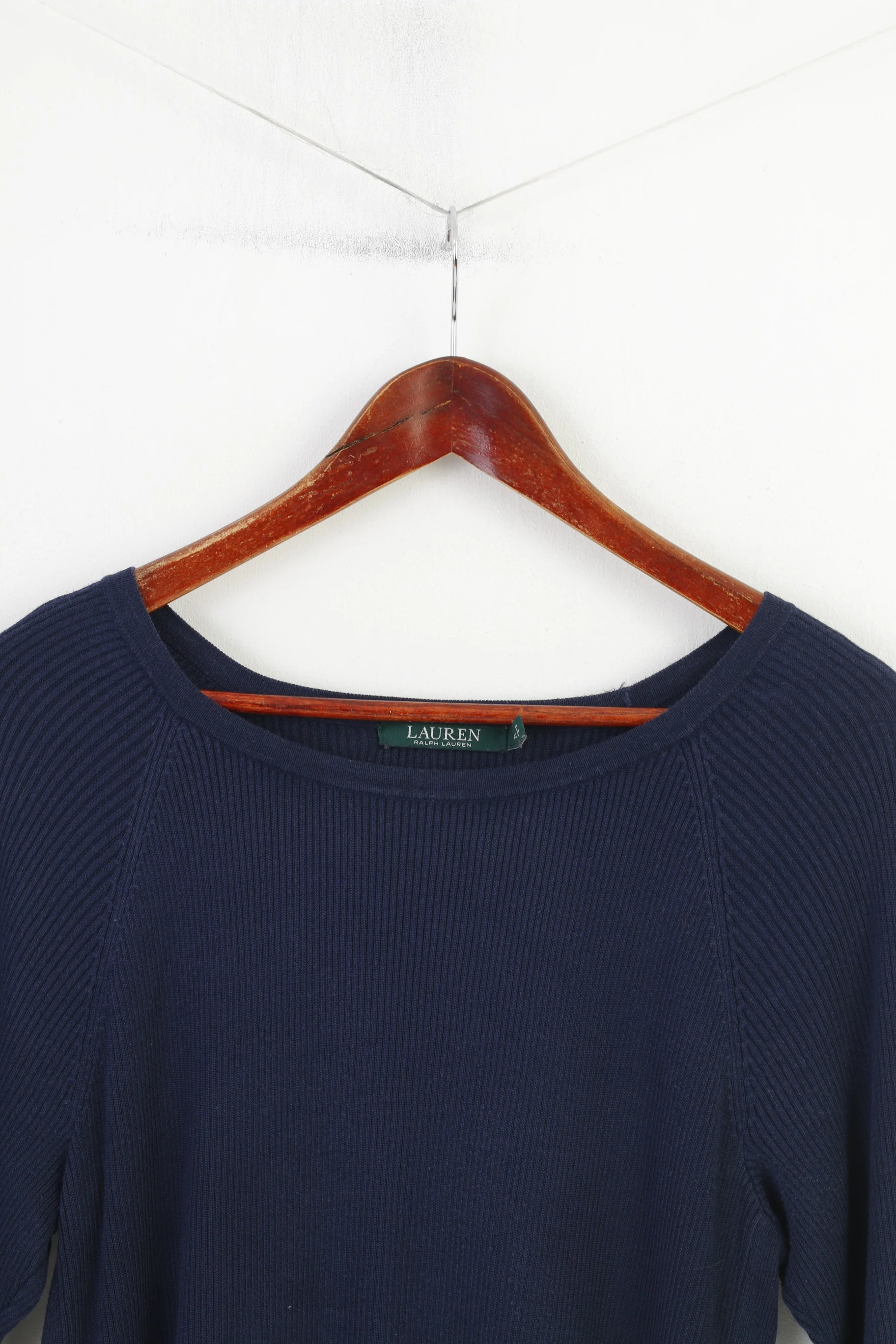 Ralph Lauren Woman XL Jumper Navy Fit Crew Neck Cotton Lace Up long Sleeve Striped Vintage Sweater Top - Image 3