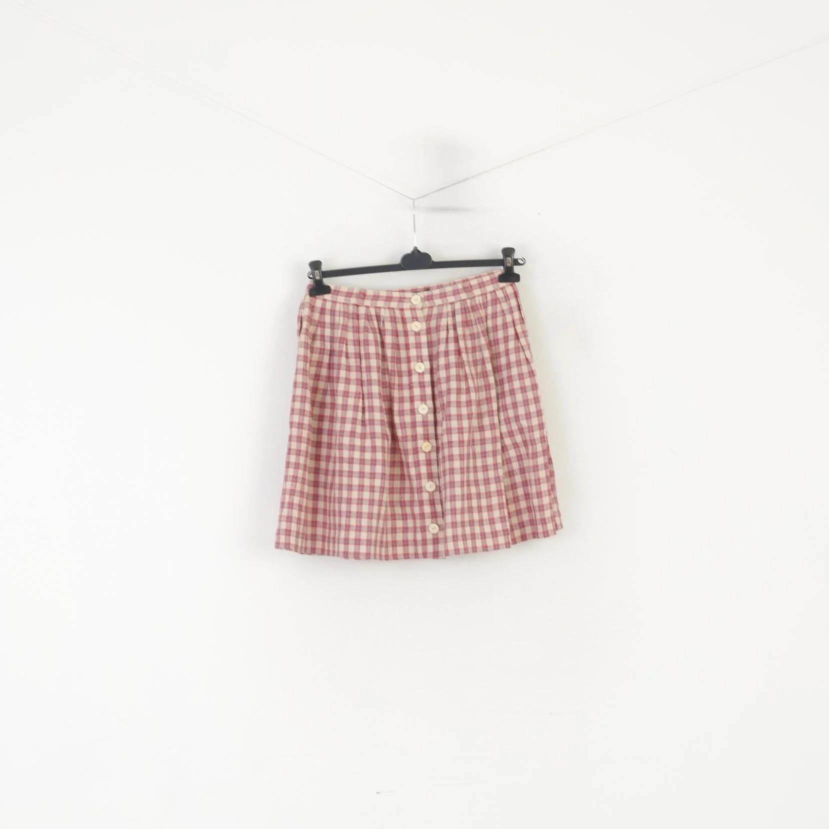 Ralph Lauren Women 6 S Mini Skirt Beige Red Check 100% Linen Buttoned - Image 2