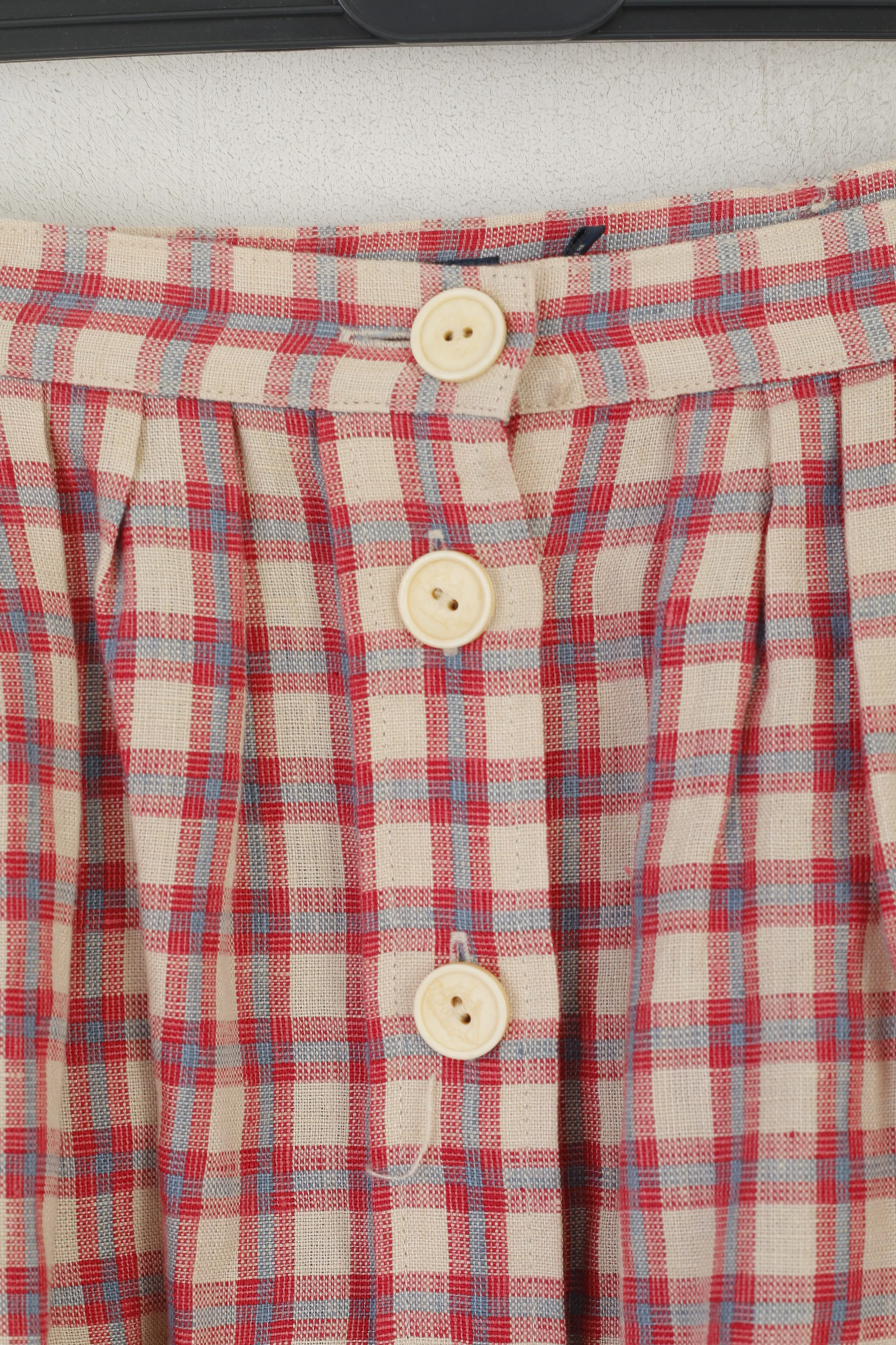 Ralph Lauren Women 6 S Mini Skirt Beige Red Check 100% Linen Buttoned - Image 3