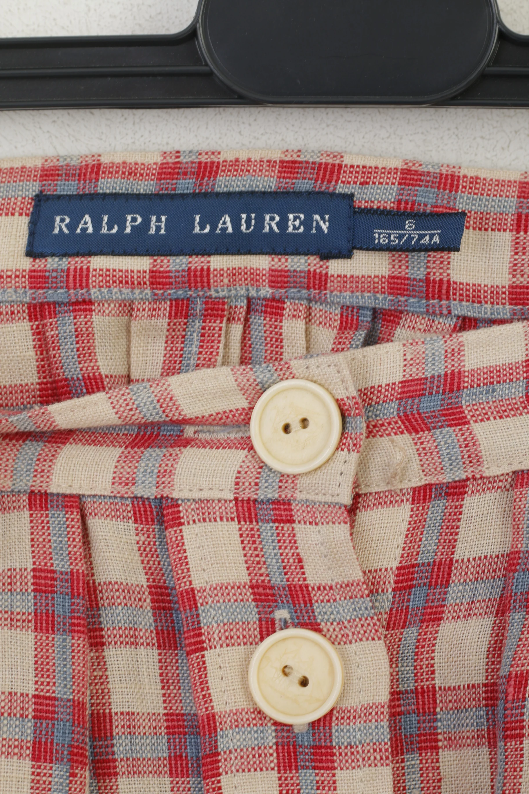 Ralph Lauren Women 6 S Mini Skirt Beige Red Check 100% Linen Buttoned - Image 4