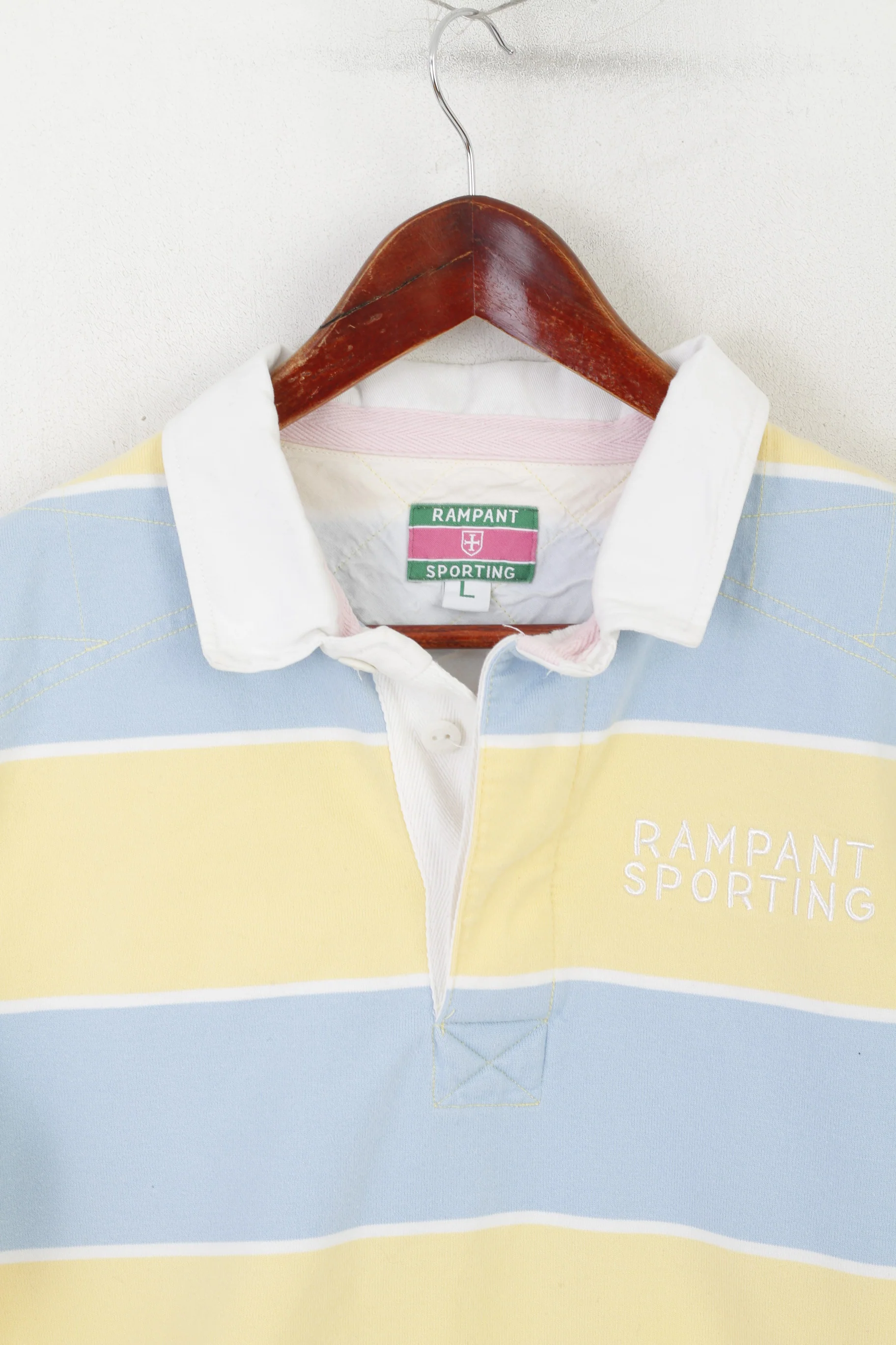 Rampant Sporting Men L (M) Polo Shirt Yellow Blue Striped Cotton Long Sleeve Top - Image 2